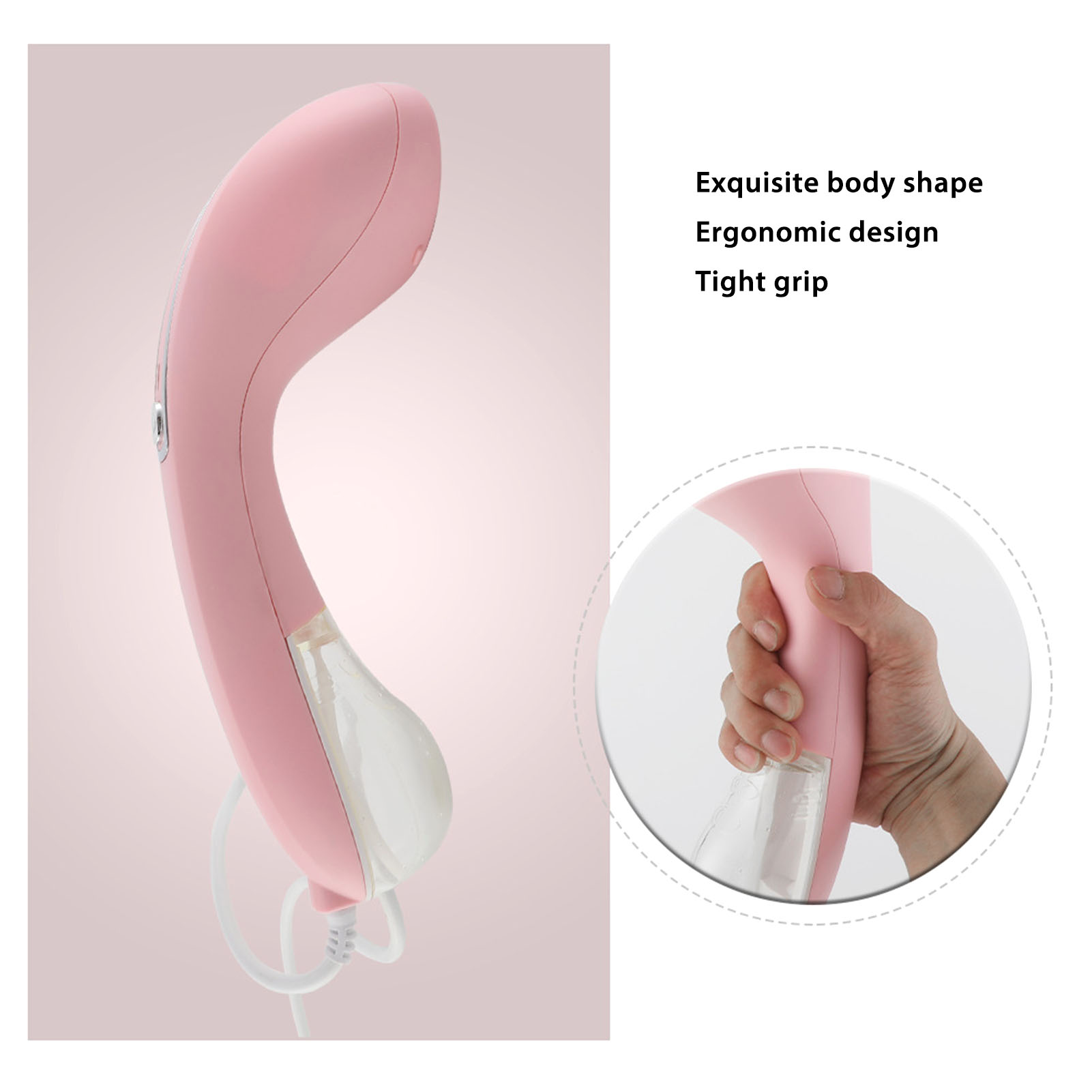 Ein rosa Handdampfer. Eine Hand greift das Gerät in einem Kreis.