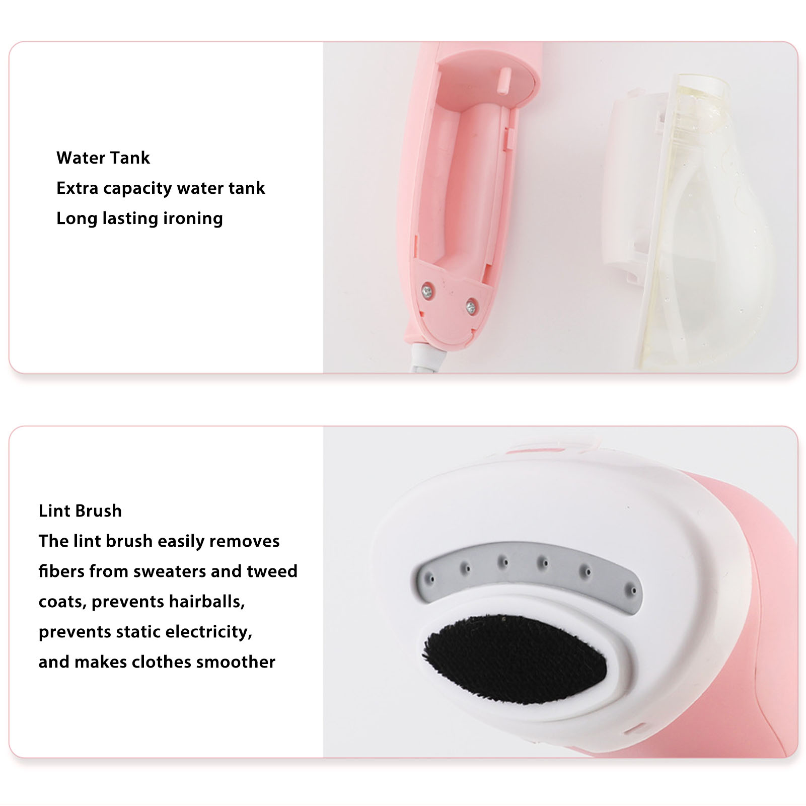 Nahaufnahme eines rosa Kleiderdampfers. Das Bild zeigt Details des Wassertanks und der Fusselbürste.