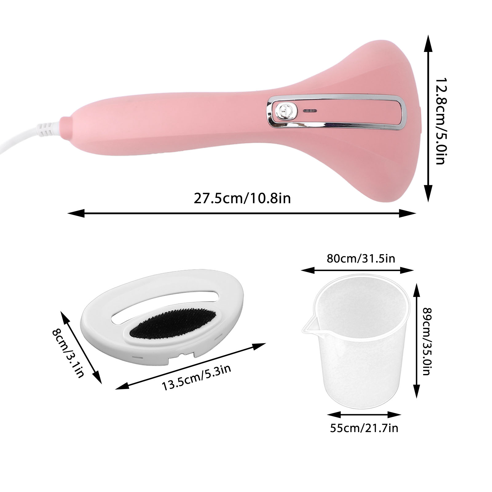 Ein pinkfarbener Handdampfer mit Maßen und ein Zubehör-Kit mit Bürste und Wasserbecher.