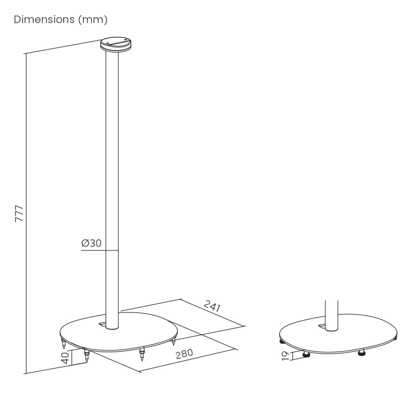 Een technische tekening van een luidsprekerstandaard, met afmetingen en een dwarsdoorsnede.