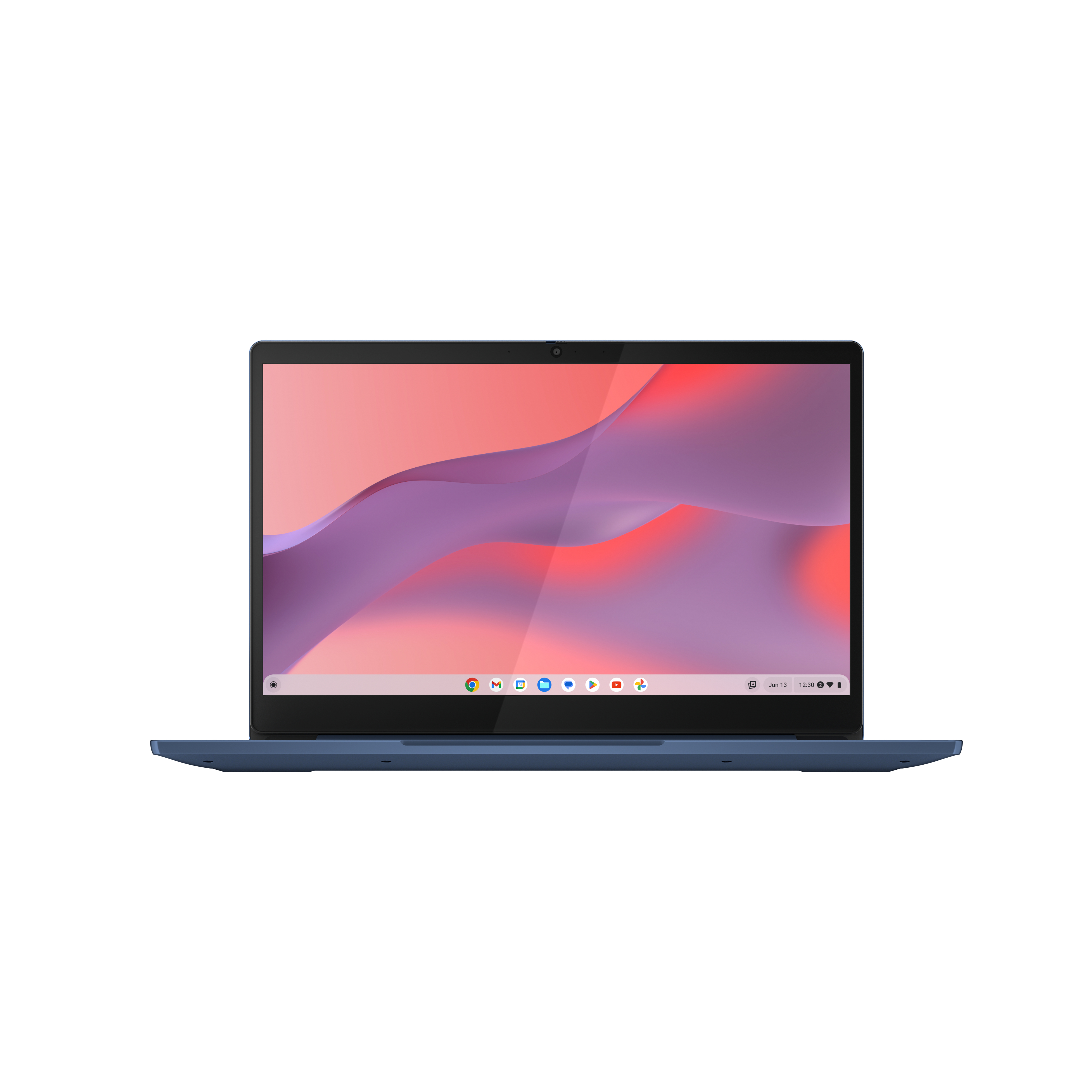 Dunkelblauer Laptop, geöffnet. Der Bildschirm zeigt einen farbenfrohen Hintergrund. Er hat eine Kamera oben.