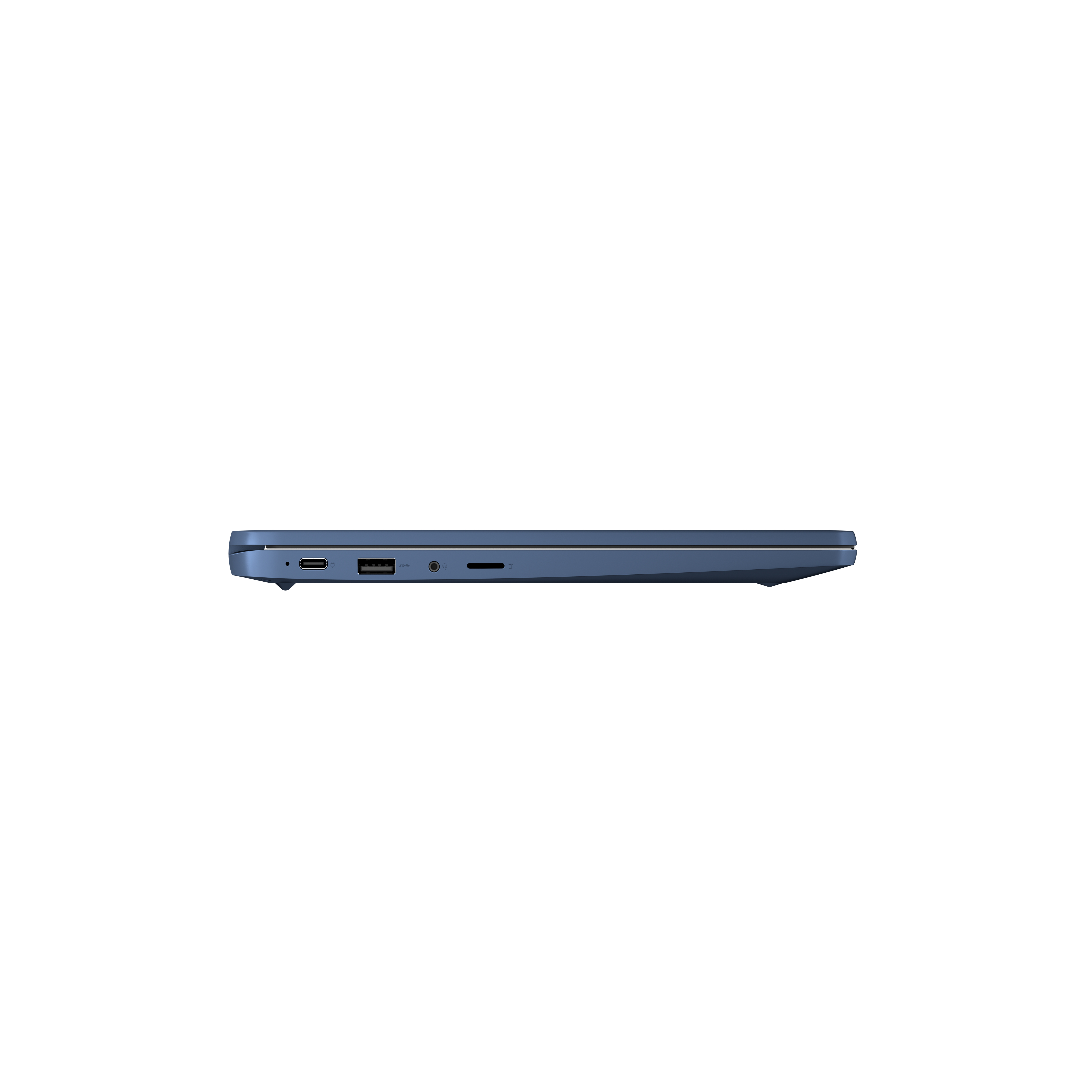 Seitenansicht eines blauen Laptops, mit Anschlüssen. Weißer Hintergrund.
