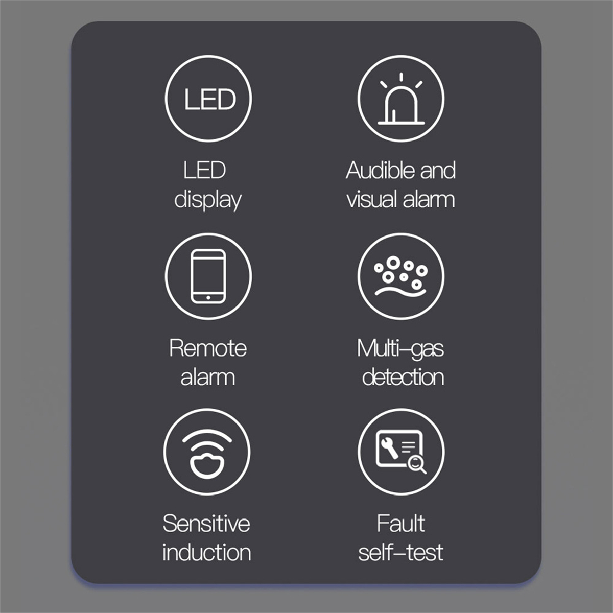 Symbole auf dunkelgrauem Hintergrund. Zeigt: LED, akustischer Alarm, Fernalarm, Mehrgasdetektion usw.