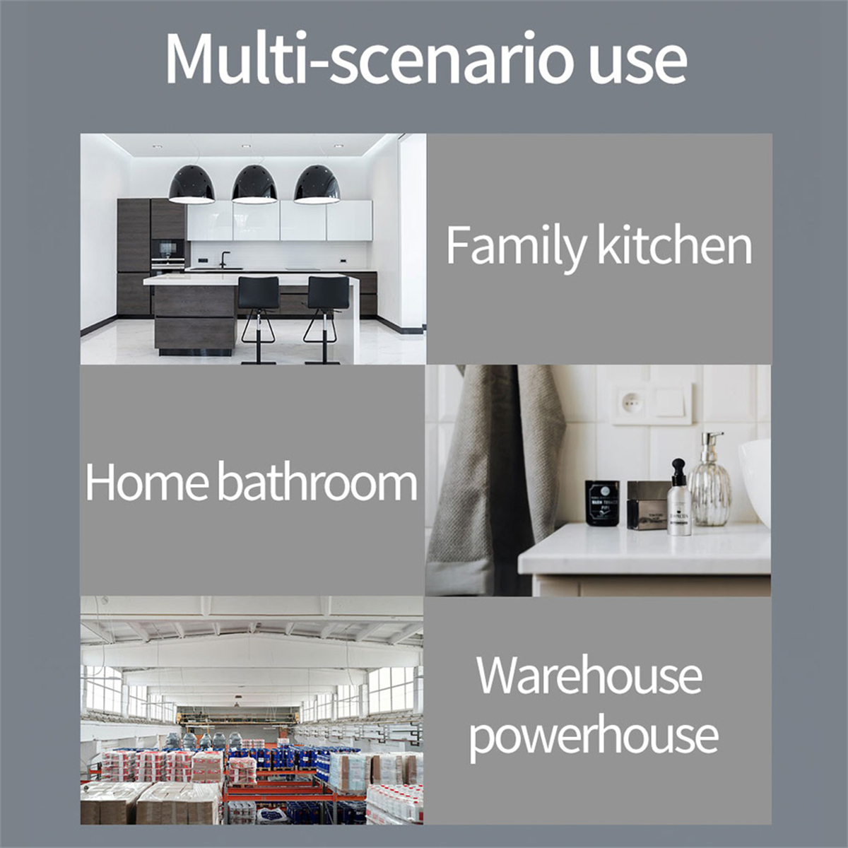 Das Bild zeigt verschiedene Szenen: Familienküche, Badezimmer und Lagerhalle, mit dem Text 'Multi-Szenario-Nutzung'.