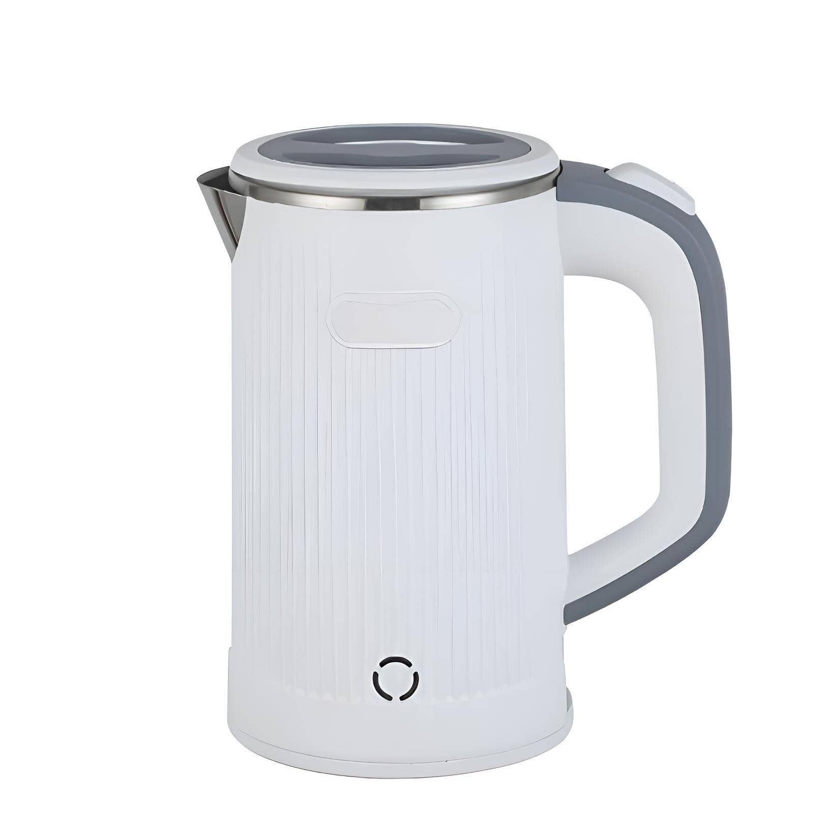 Weißer Wasserkocher mit grauem Griff und Deckel. Der Wasserkocher hat ein geripptes Muster.