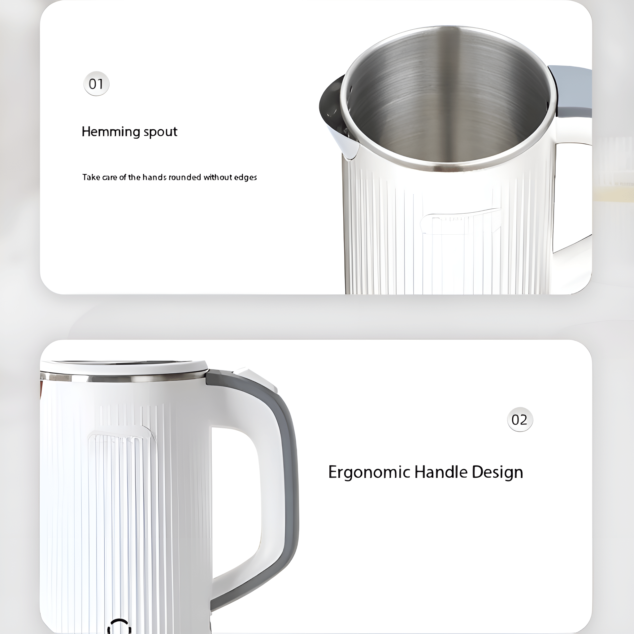 Nahaufnahme eines weißen und silbernen Sojamilchbereiters. Text weist auf Ausgussdesign und ergonomischen Griff hin.