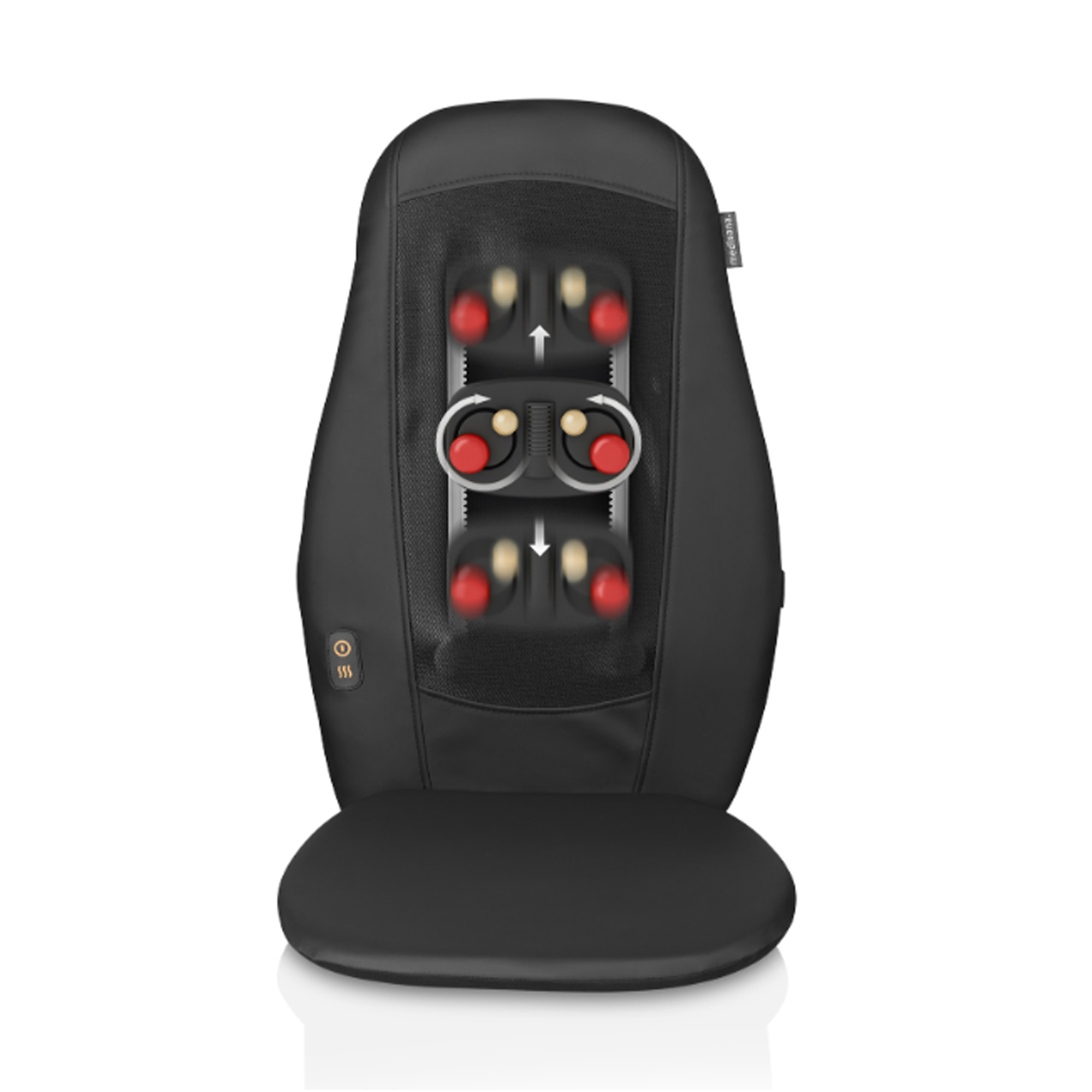 Una silla de masaje negra con nodos de masaje rojos y beige.