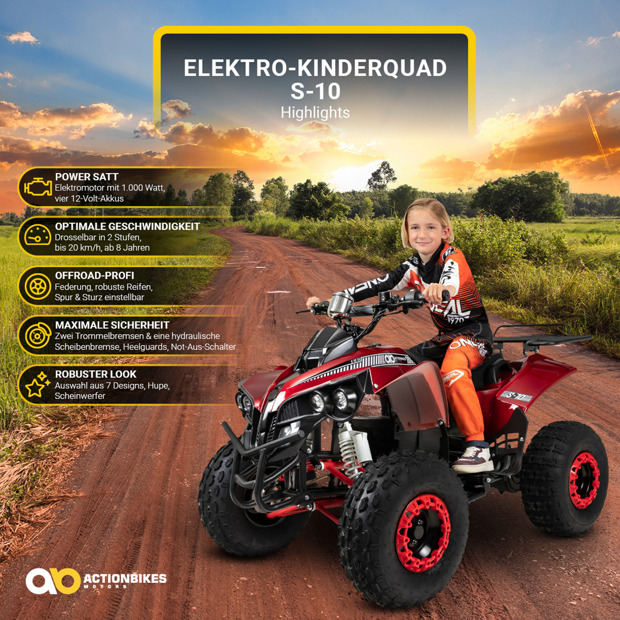 Ein Kind fährt mit einem roten Quad auf einer unbefestigten Straße. Text: ELEKTRO-KINDERQUAD S-10 Highlights.