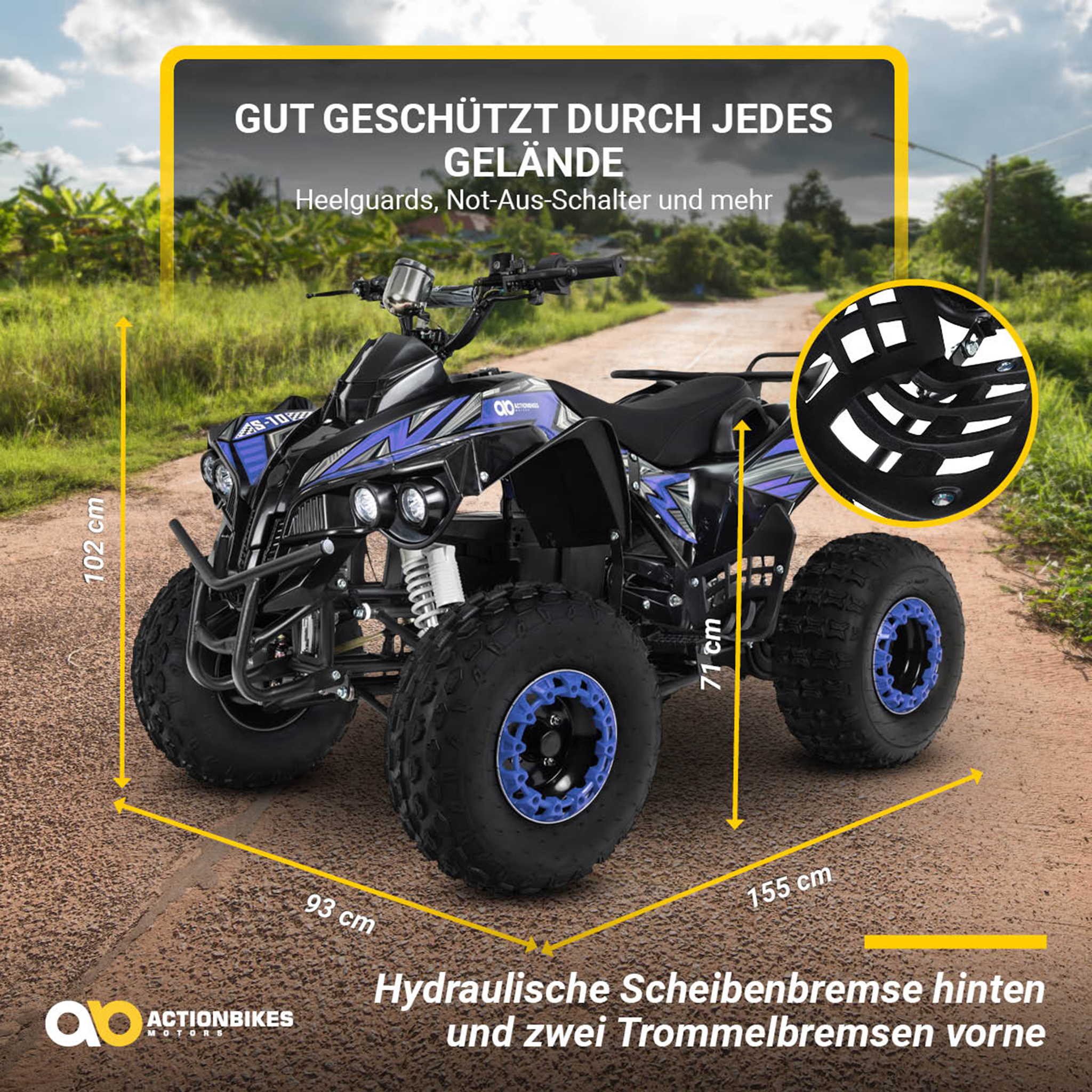 Ein blaues und schwarzes ATV auf einer unbefestigten Straße. Messungen und Text über das ATV werden angezeigt.