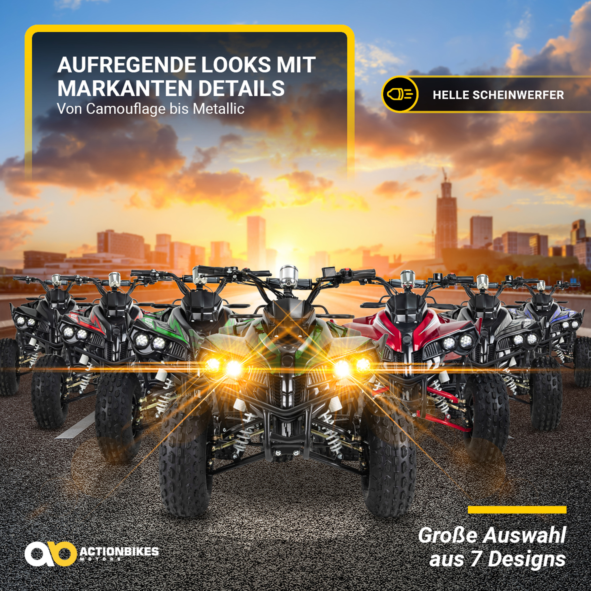Reihe von sieben ATVs in verschiedenen Farben, auf Asphalt geparkt. Heller Text oben.