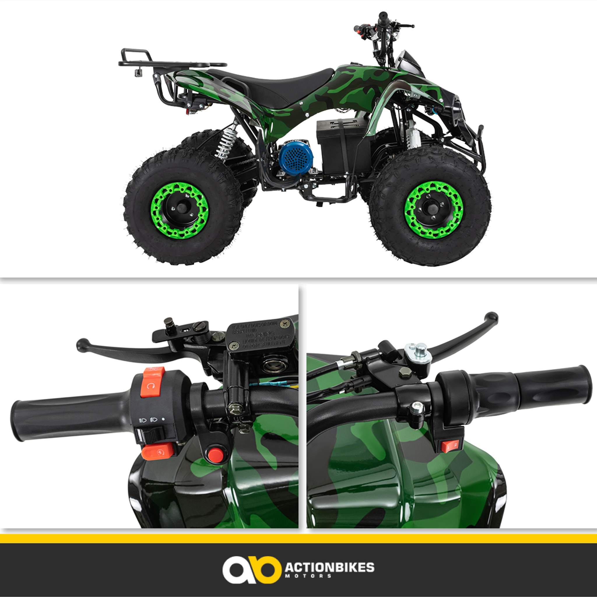 Ein ATV mit Tarnmuster. Zwei Nahaufnahmen des Lenkers zeigen Bedienelemente. Grün und schwarz.