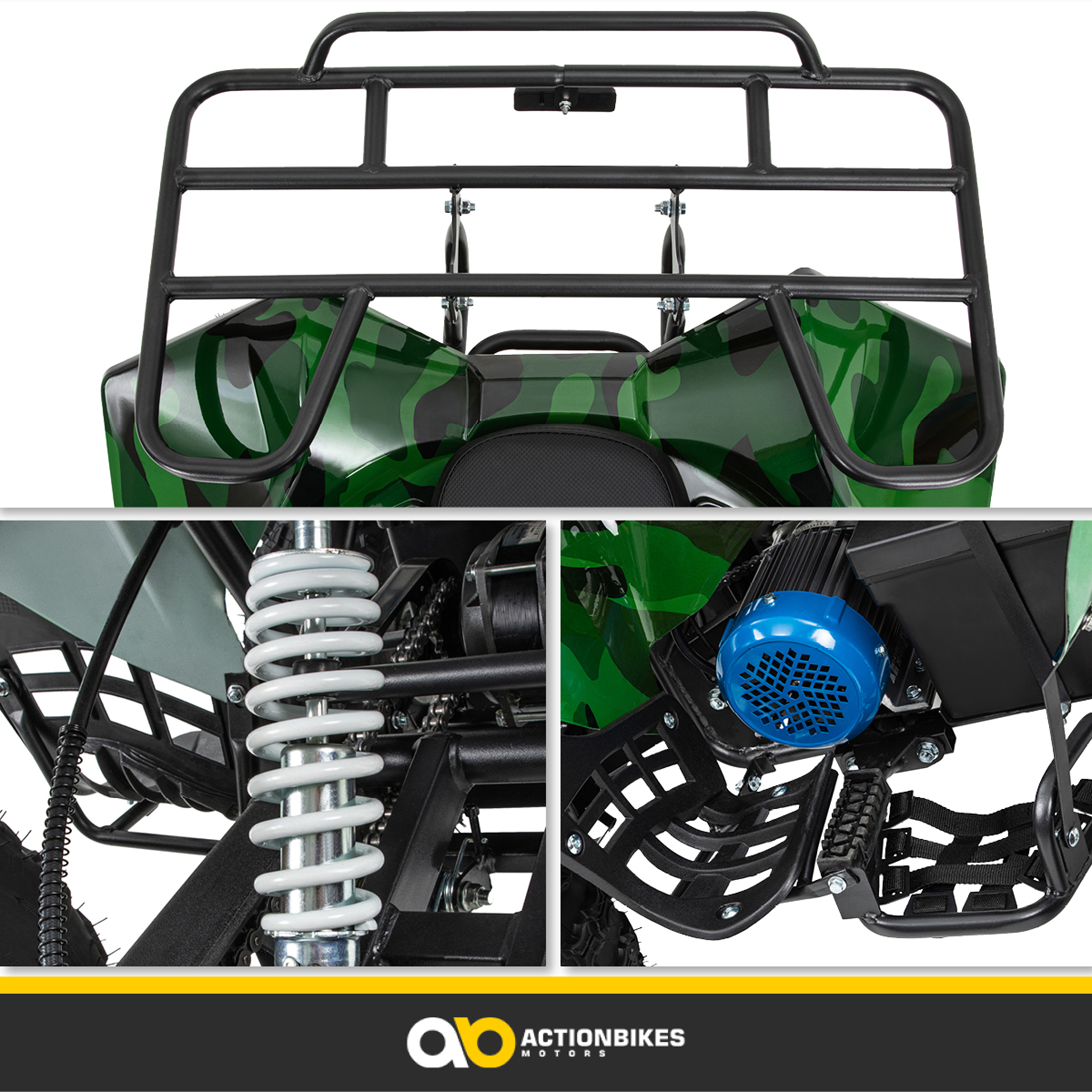 Nahaufnahme eines ATVs mit Details zu Rädern, Federung und Schutzbügel.