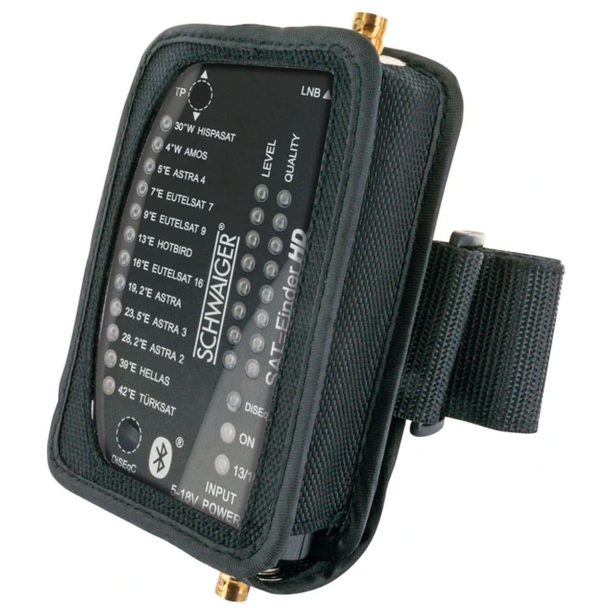 Schwarzer Satellitenfinder im Gehäuse mit Riemen, Knöpfen und Display.
