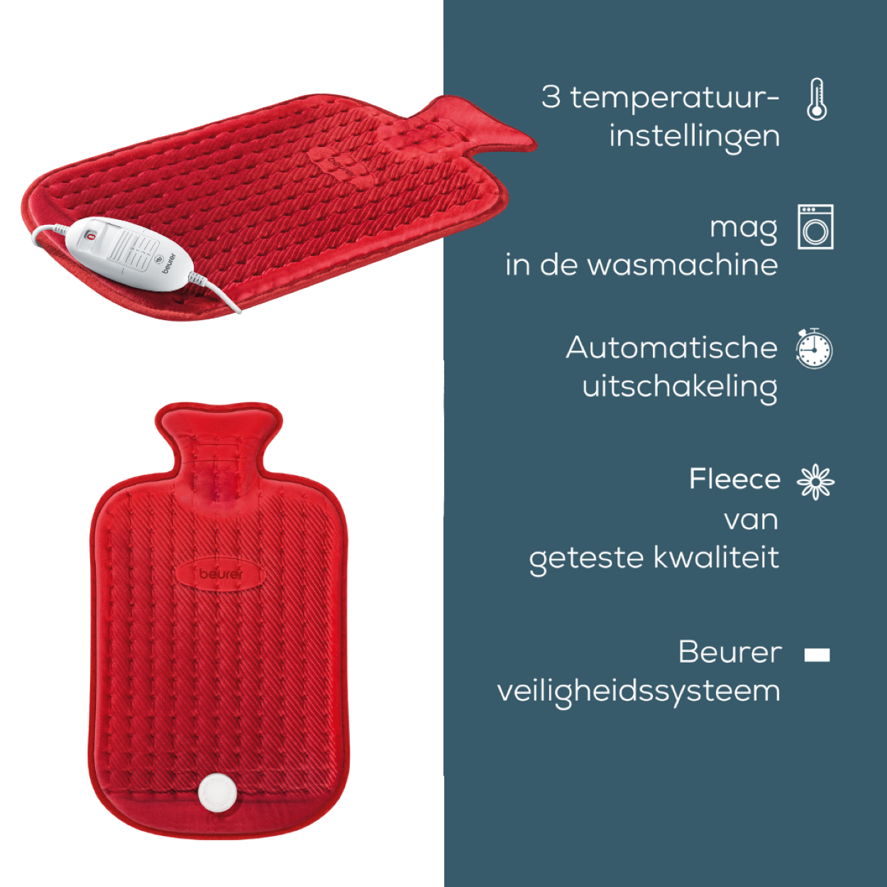 Ein rotes Heizkissen mit Regler und Text. Das Pad ist rot, mit weißem Text und Symbolen.