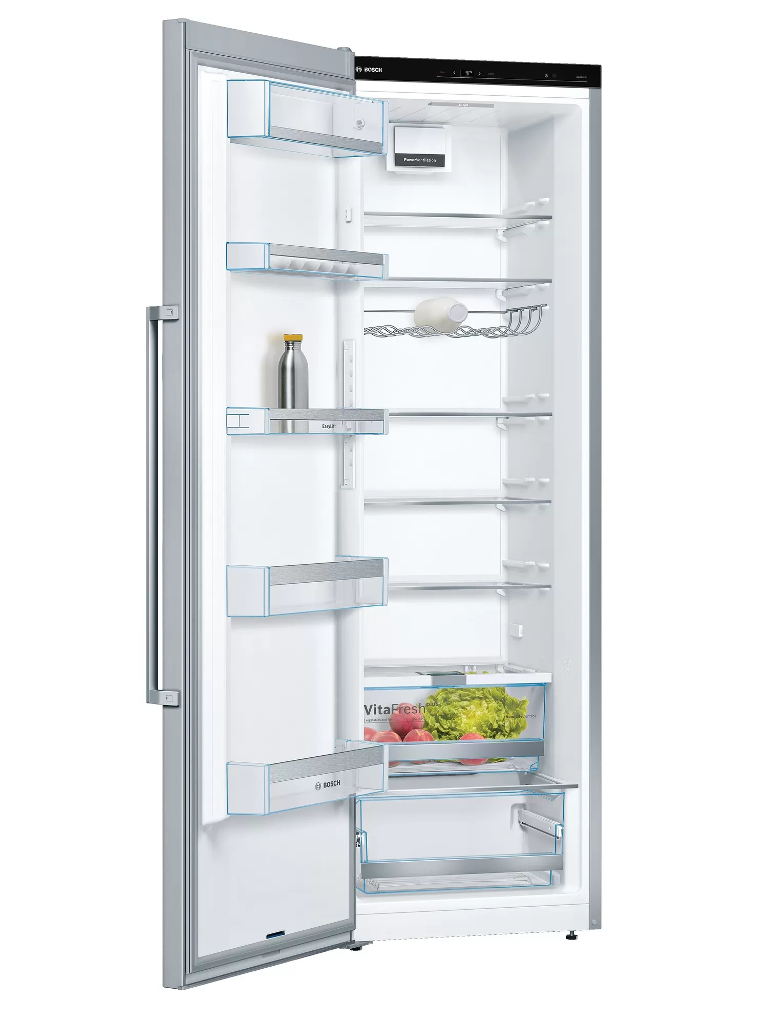 Un refrigerador abierto con estantes y cajones llenos de alimentos y botellas. La puerta está ligeramente entreabierta.
