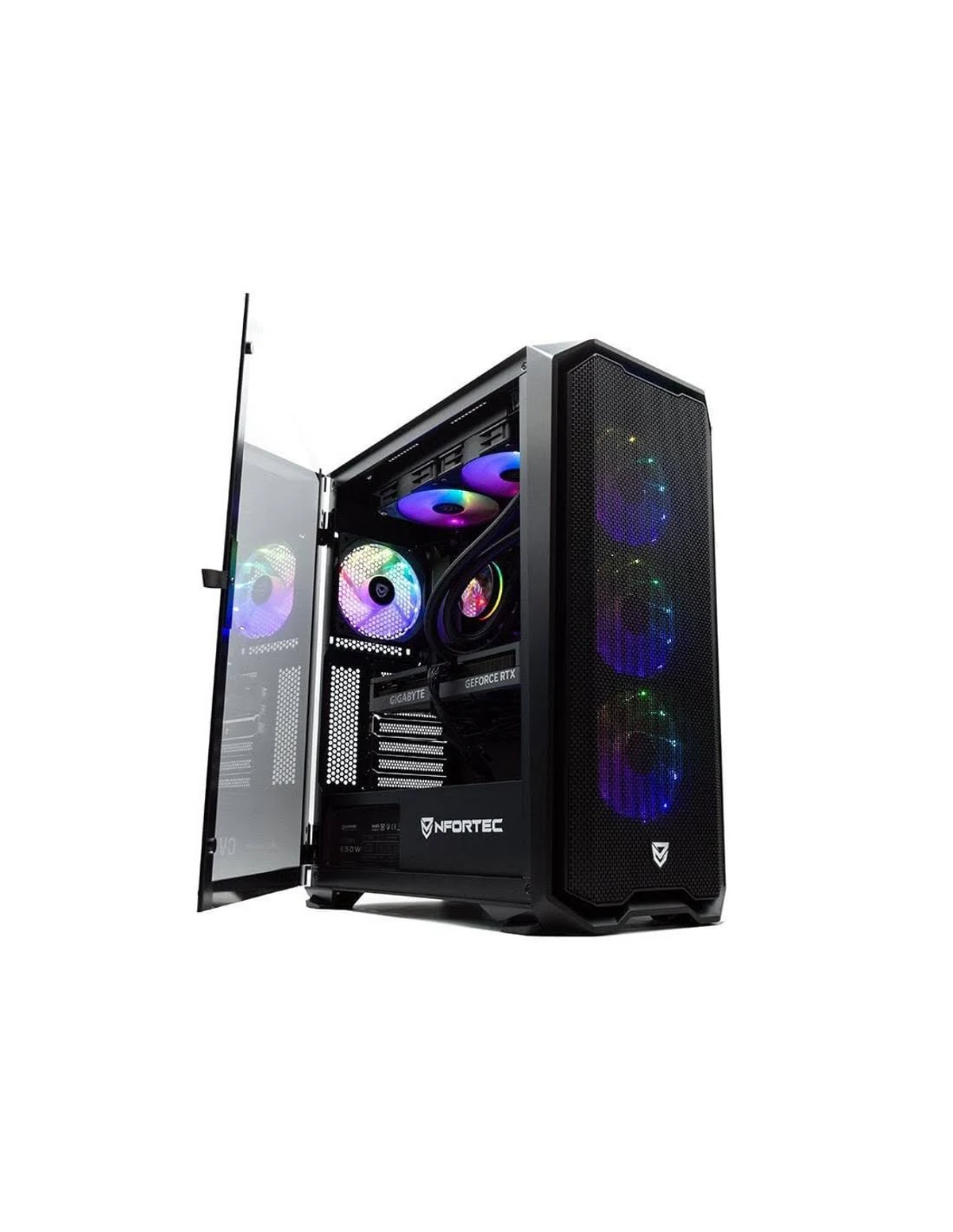 Torre de PC negra con panel lateral de vidrio, abierto. Interior visible con luces coloridas.