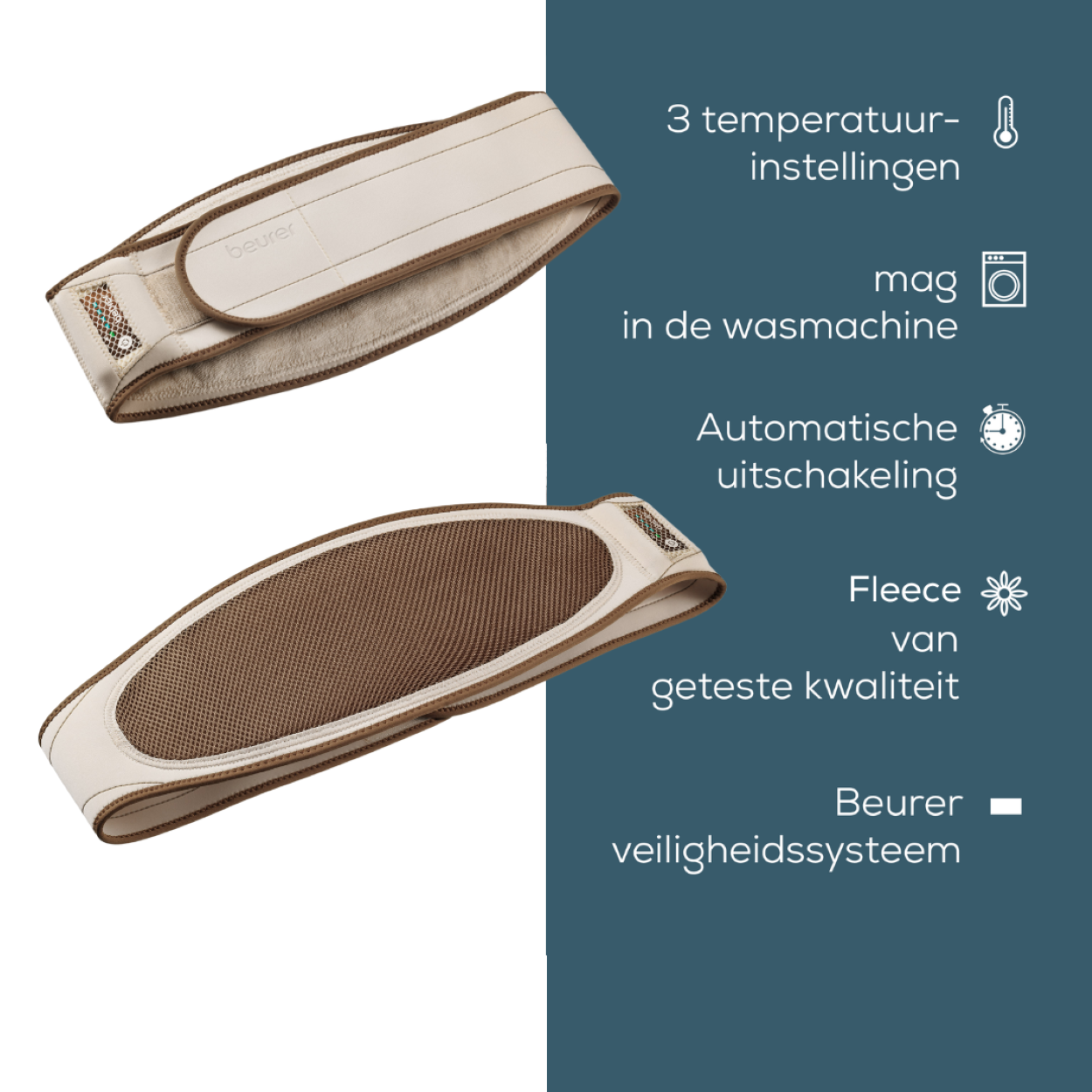 Due cinture riscaldanti beige con testo su impostazioni, lavaggio in lavatrice e caratteristiche di sicurezza.
