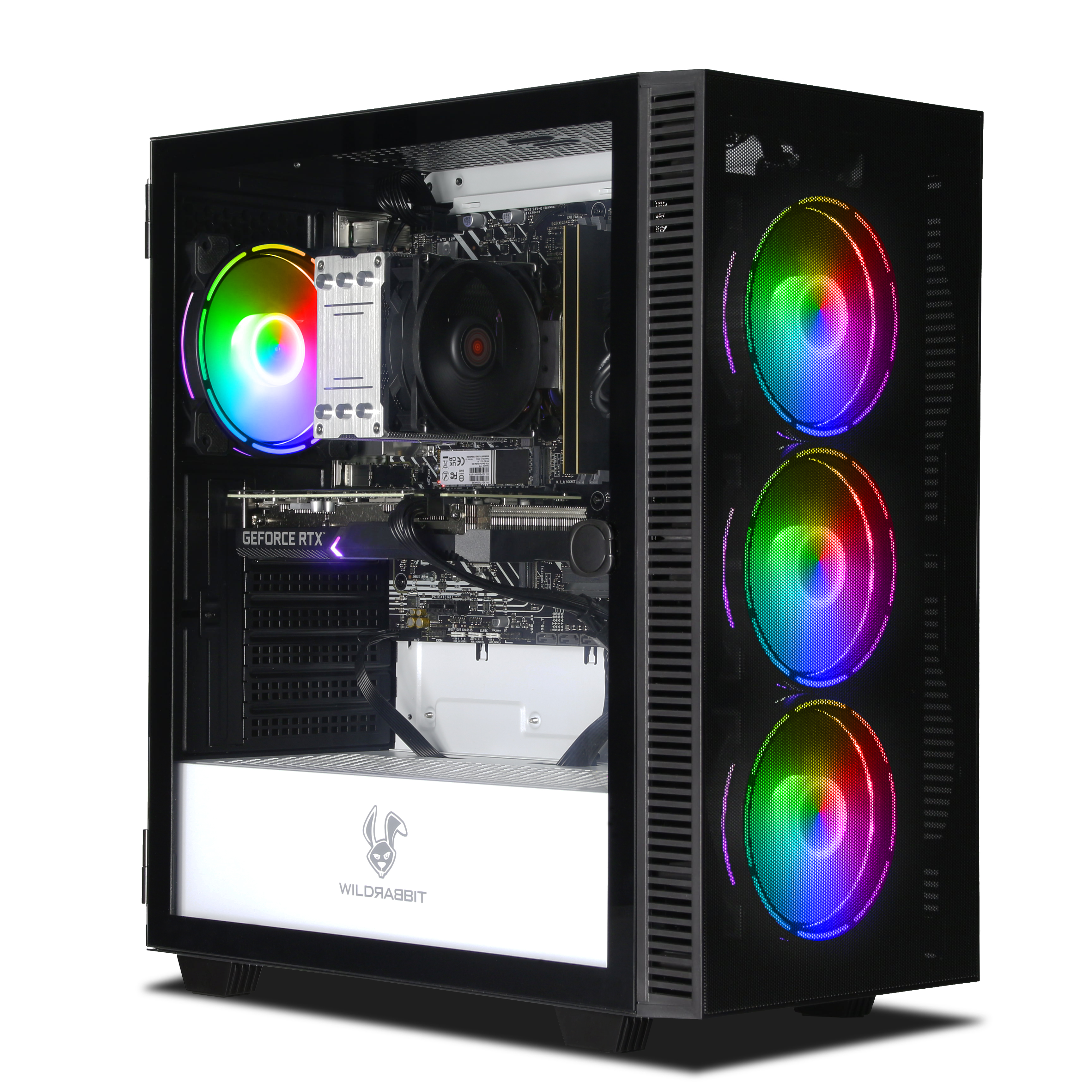 Case PC aperto, con ventole colorate, componenti visibili: GPU, dissipatore CPU, scheda madre.