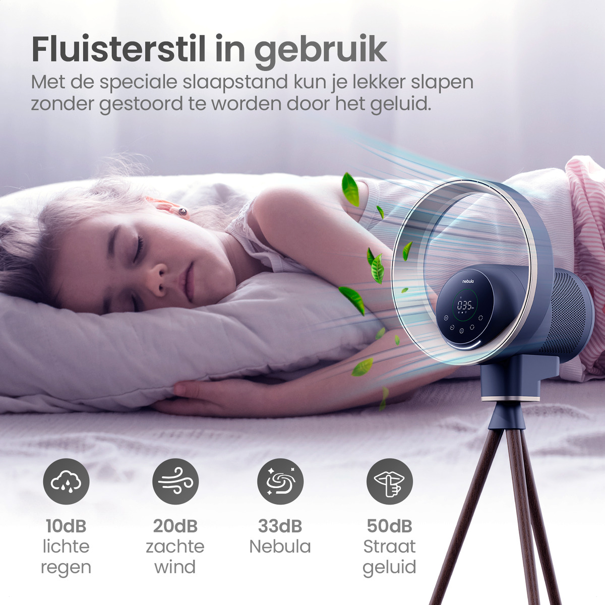 Ein schlafendes Kind neben einem Ventilator. Kleine Blätter kommen heraus. Text unten.