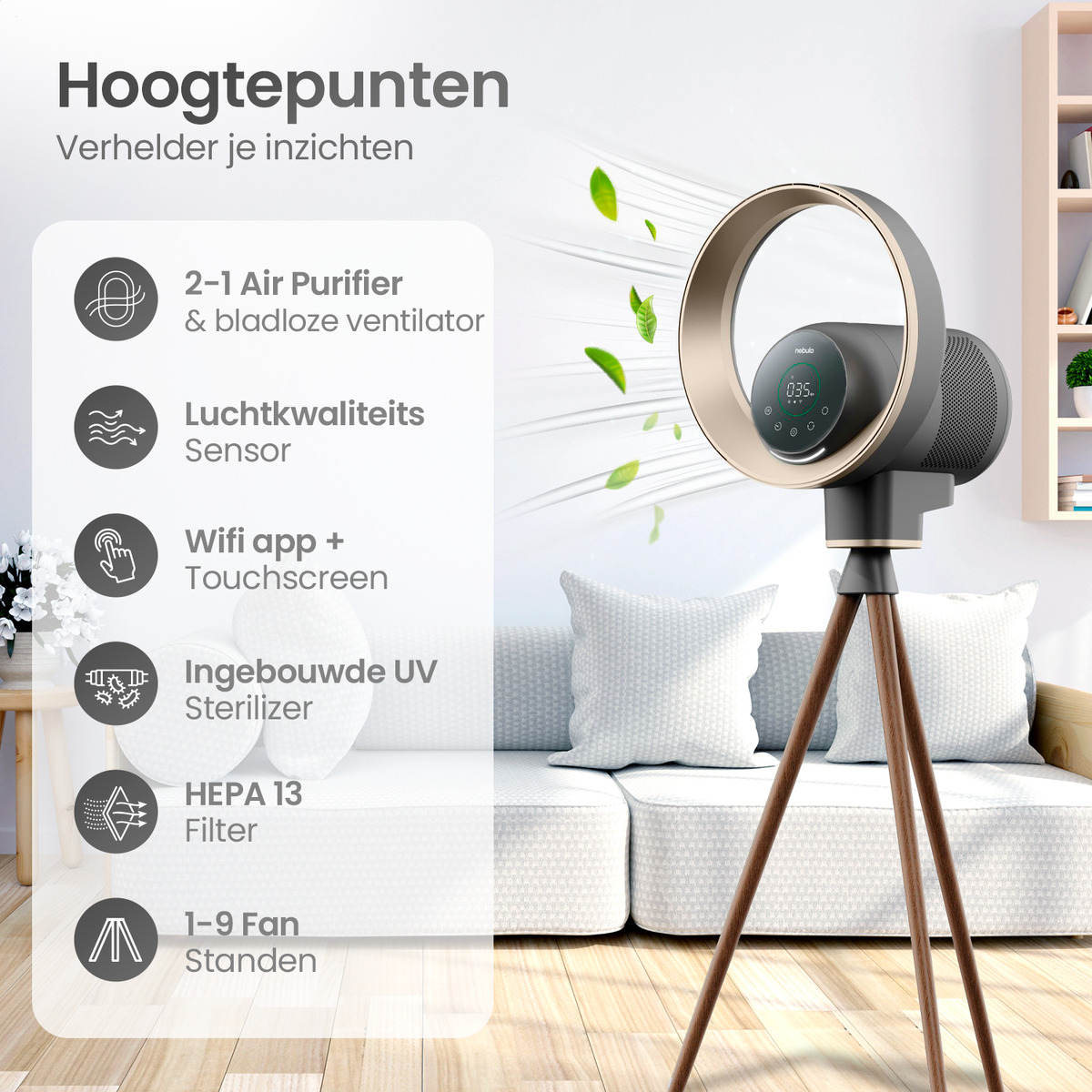 Luftreiniger und lüfterloses Gebläse auf Stativ mit weißem Sofa im Hintergrund. Text-Overlay.