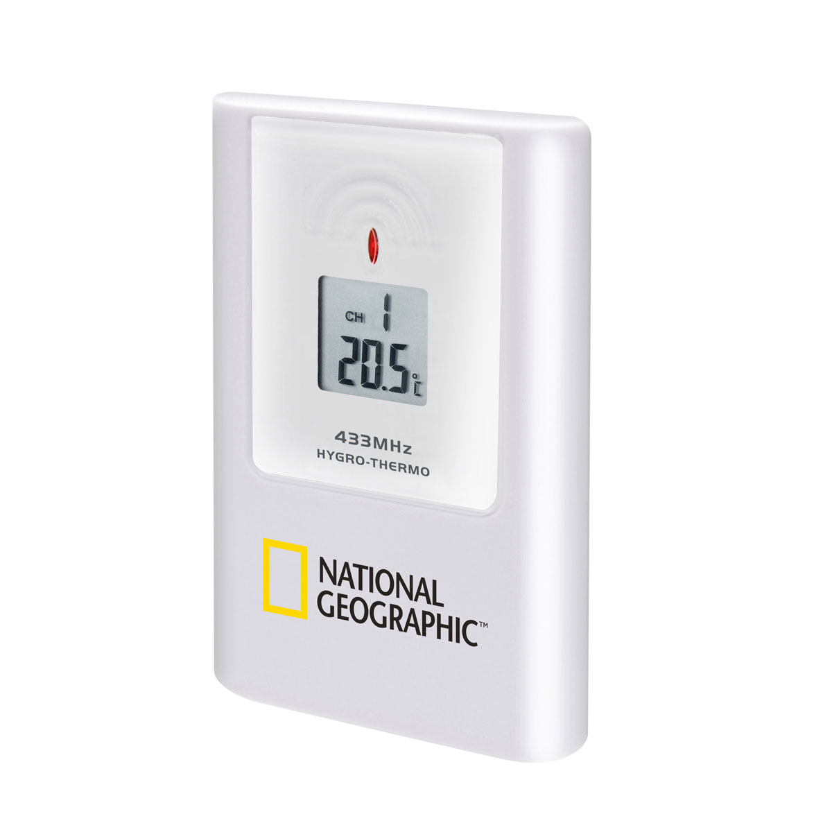 Un termómetro digital blanco que muestra 20.5°C. Con el logotipo de National Geographic y 433MHz Hygro-Thermo.