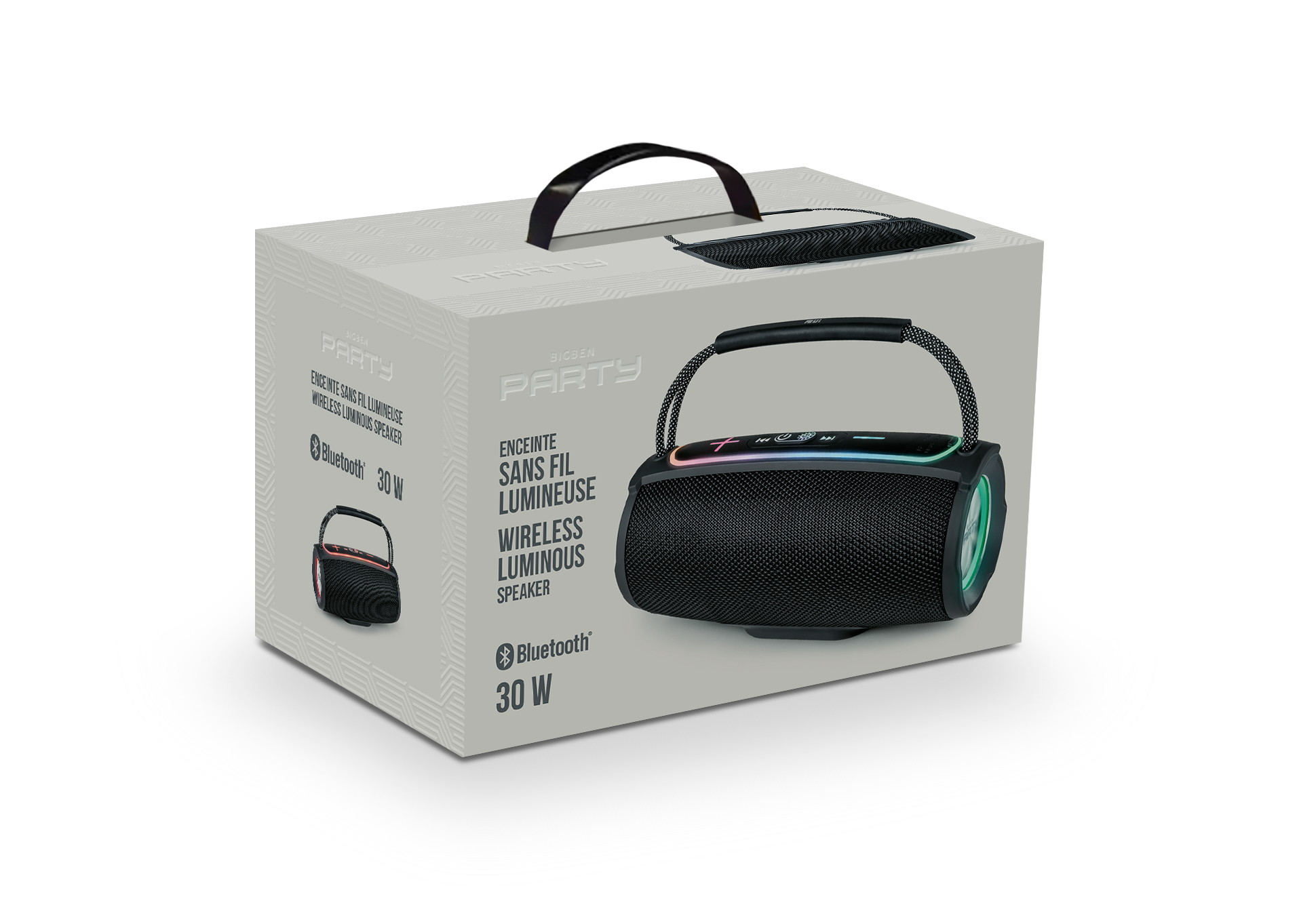 Schwarzer Lautsprecher in Box, weißer Hintergrund. Boxtext: 'BIGBEN PARTY', 'Wireless Luminous Speaker'.