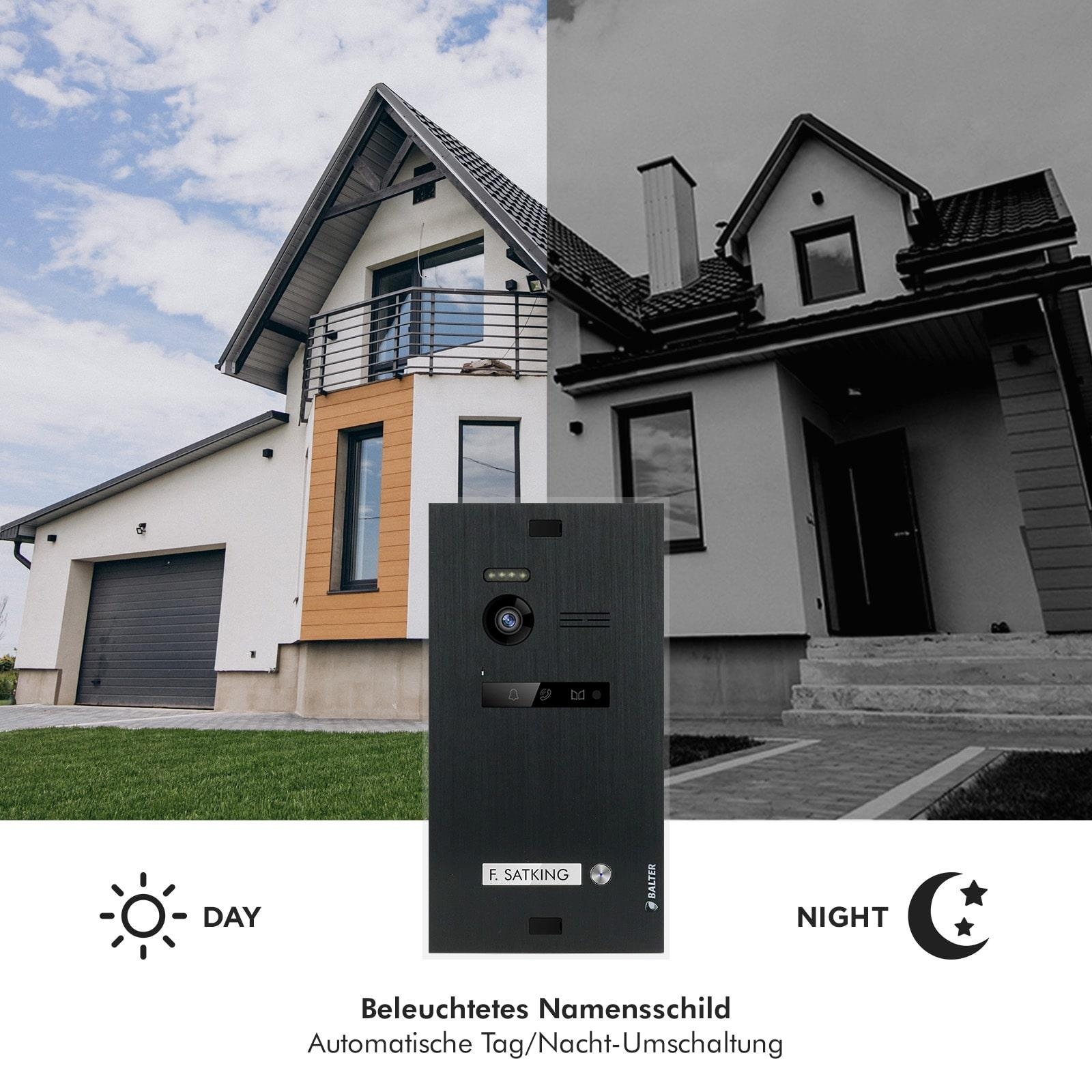 Ein Haus von außen mit einer intelligenten Türklingel. Tag- und Nachtansichten. Die Türklingel hat Kamera und Namensschild.
