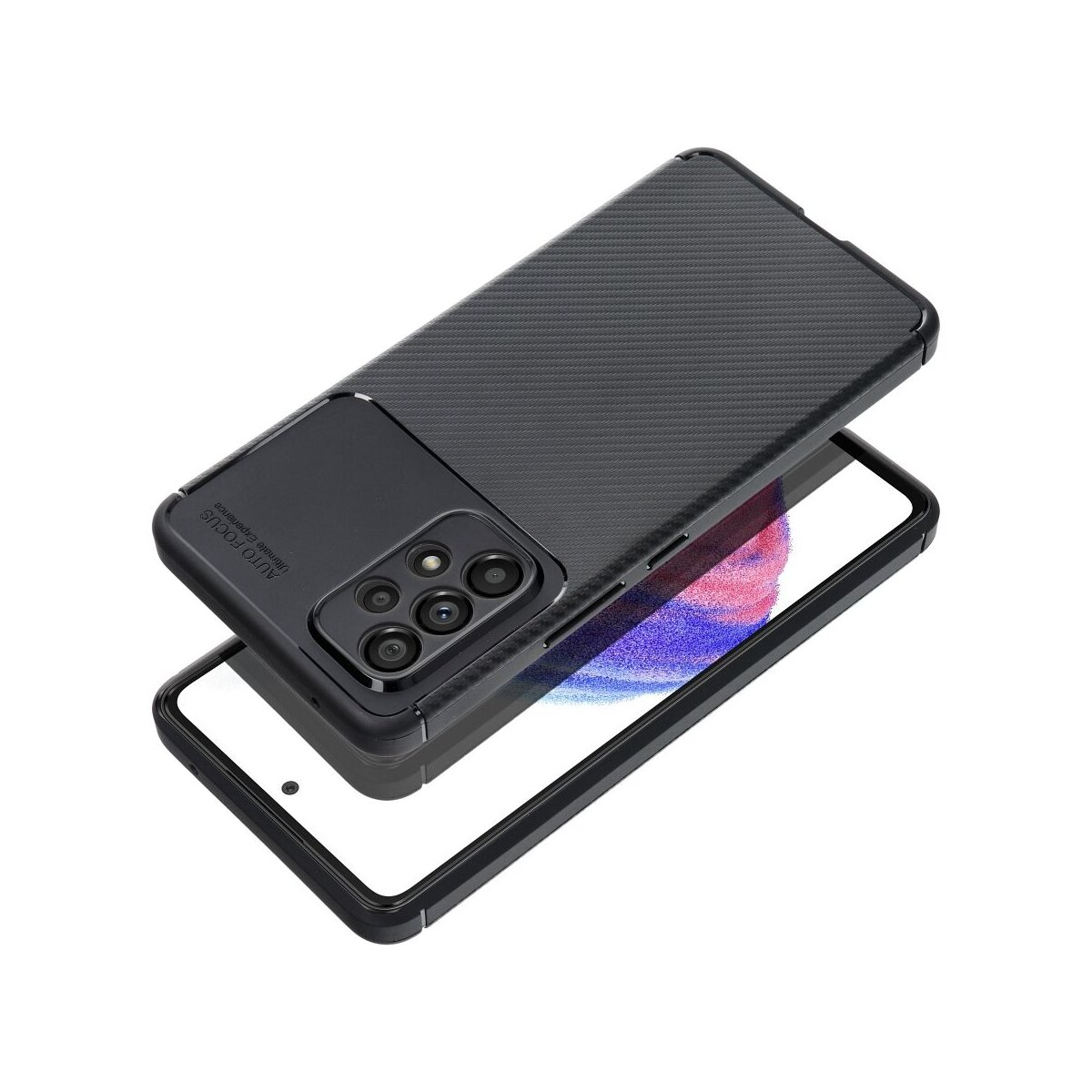 Schwarze Handyhülle mit dem Telefon darin. Die Hülle hat eine strukturierte Rückseite und einen Kameraausschnitt.