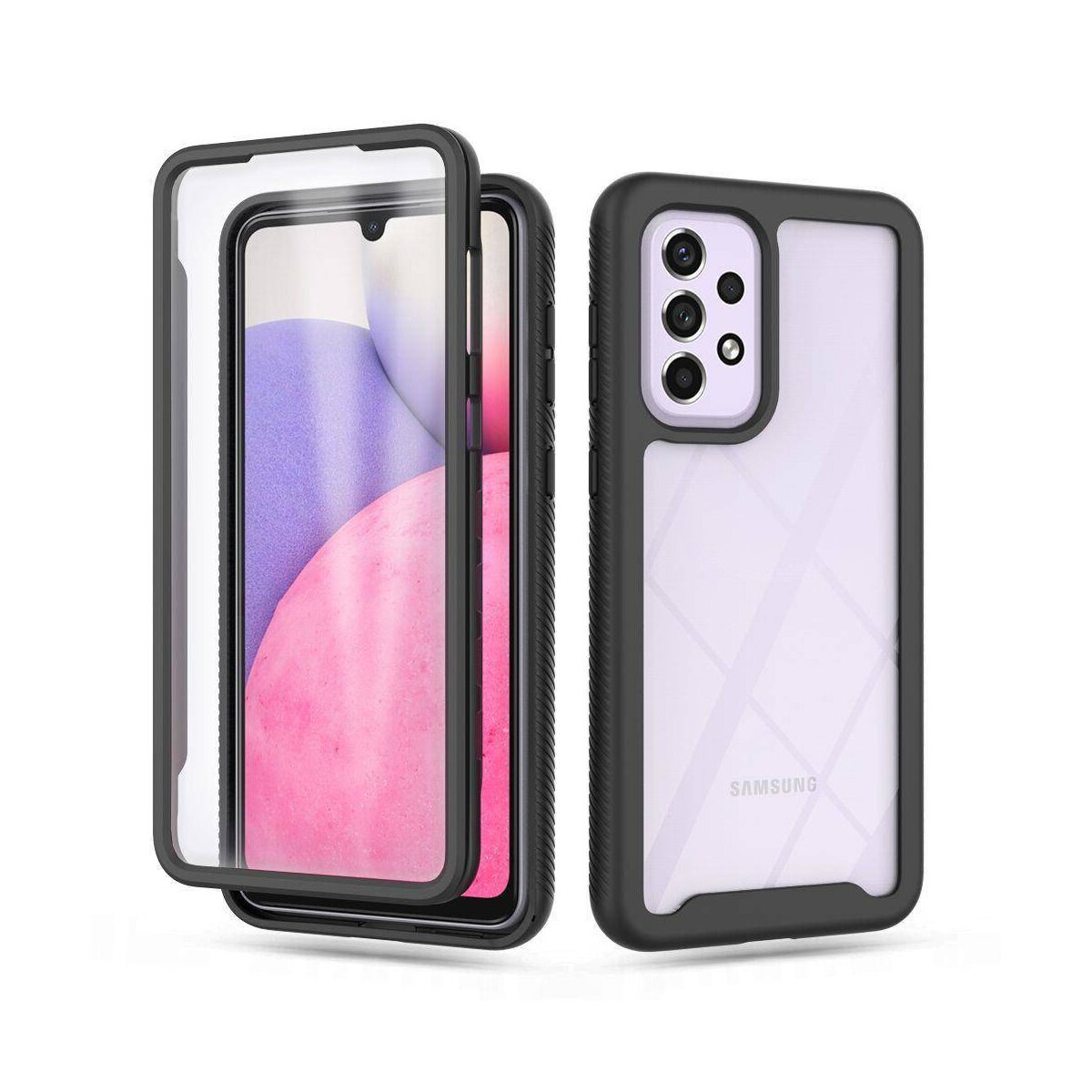 Geöffnete Handyhülle. Schwarz und transparent. Telefon sichtbar.