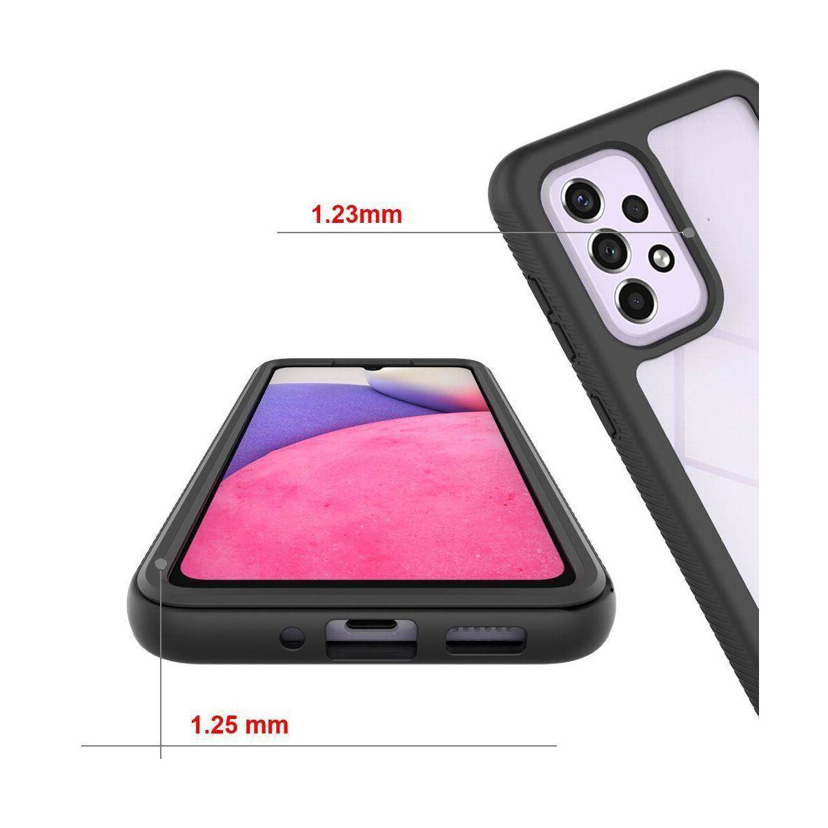 Smartphone mit pinkfarbenem Bildschirm in einer Schutzhülle. Maße in mm werden angezeigt.