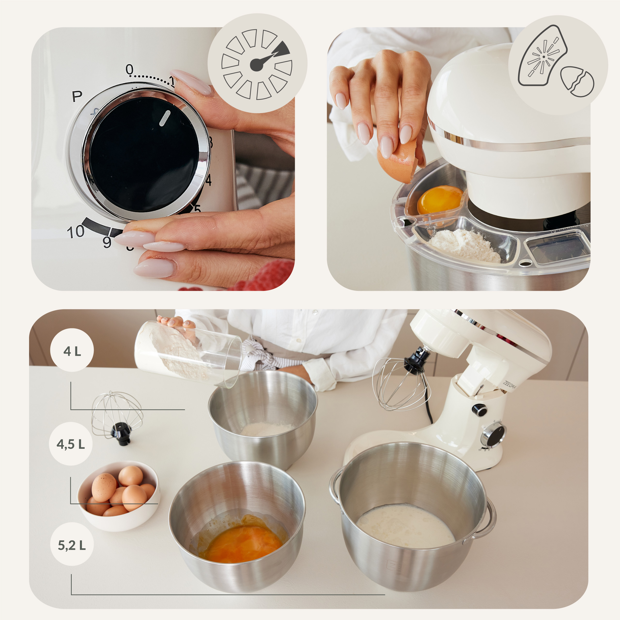 Zbliżenie białego miksera stojącego. Pokazanie panelu sterowania, dodawane jajko i miski ze składnikami.