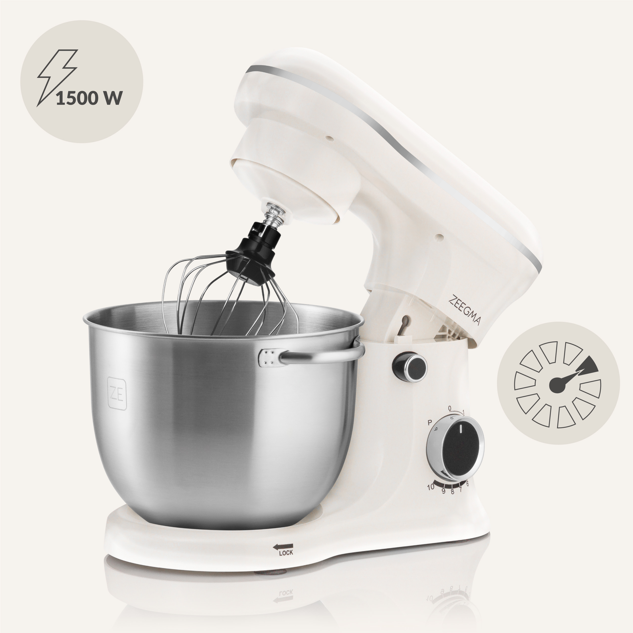 Biały mikser stojący ze stalową misą i przystawkami, pokazujący ustawienia prędkości i moc.