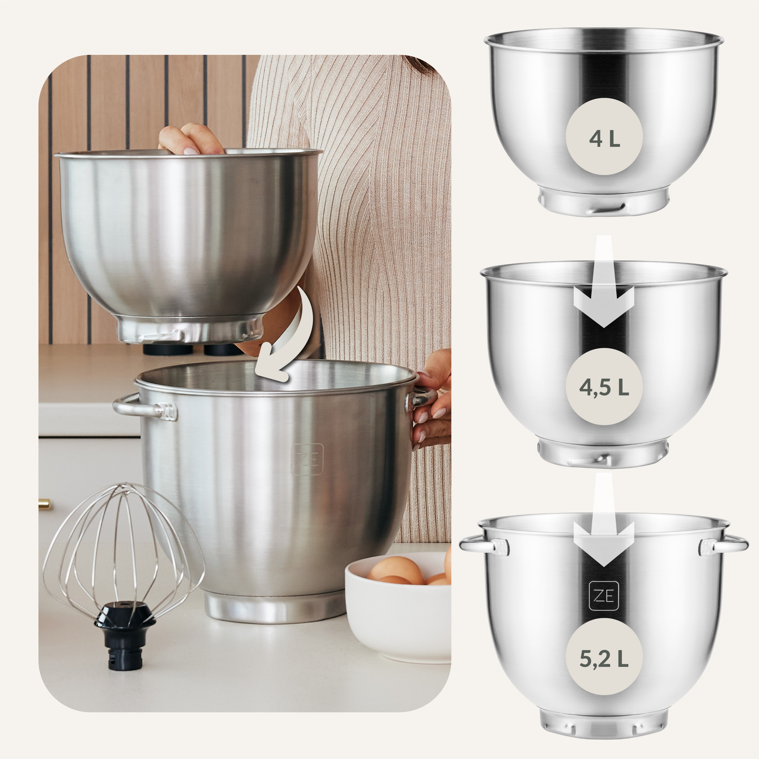 Osoba trzymająca miskę do mieszania z trzema miskami ze stali nierdzewnej o różnych rozmiarach.