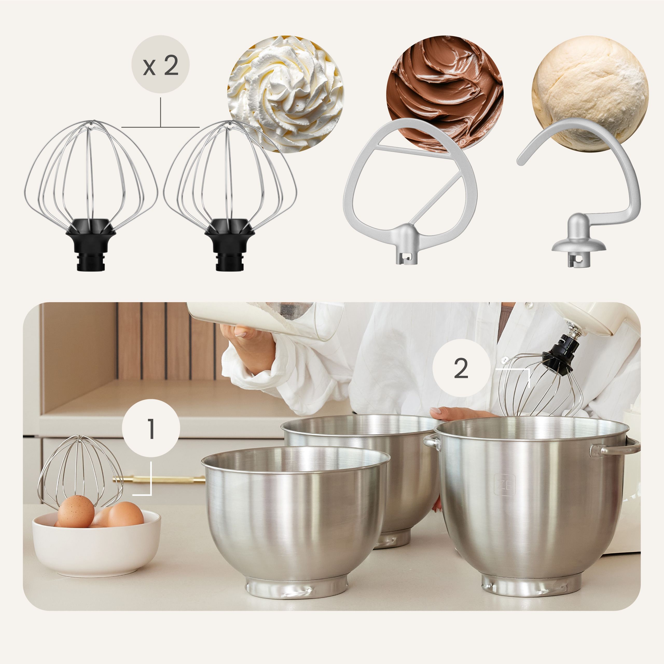 Różne nasadki do miksera, bita śmietana, czekolada i ciasto, z miskami i osobą.