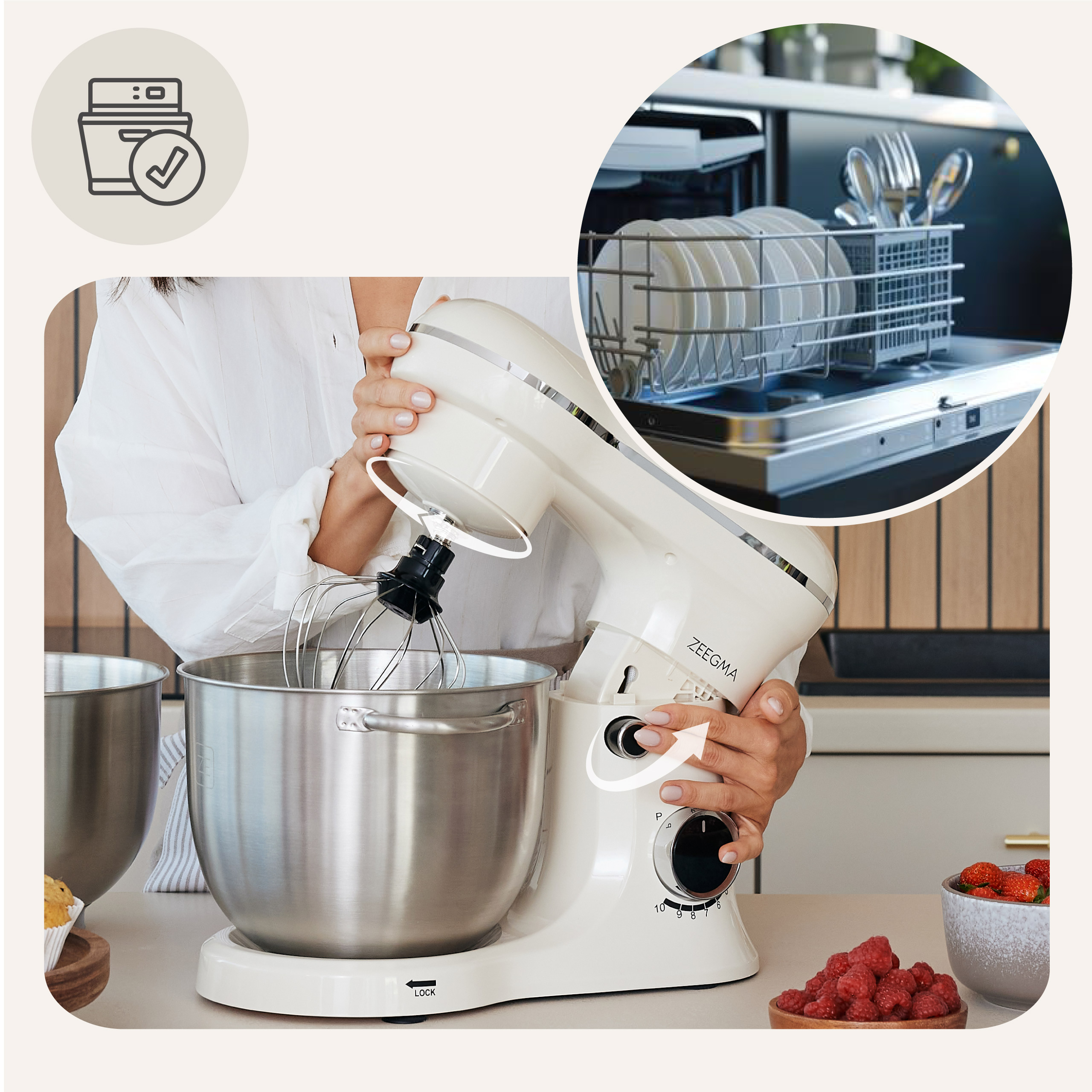 Kobieta używa miksera stojącego w kuchni. Mikser jest biały i ma miskę z końcówką do ubijania.