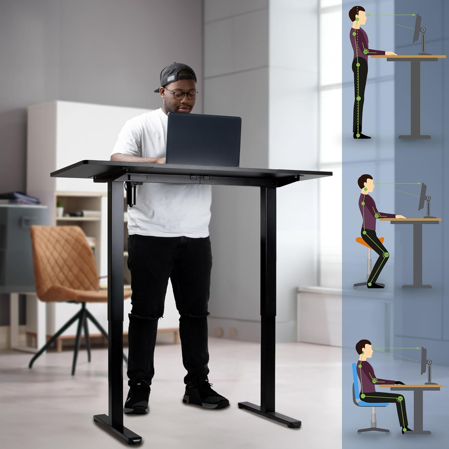 Mann benutzt Laptop an schwarzem Stehpult. Diagramme zeigen Haltung.