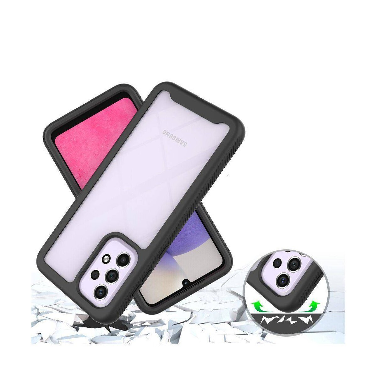 Schwarze Handyhülle mit Telefon, zeigt stoßabsorbierendes Design.