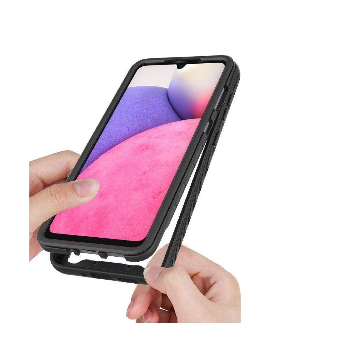 Ein Handycase wird von Händen gehalten. Der Bildschirm zeigt ein farbiges Bild. Schwarzes Gehäuse umgibt das Handy.