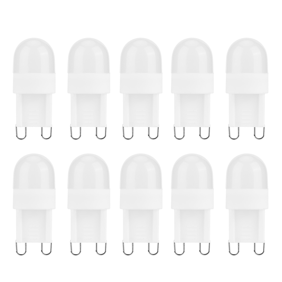 Zehn weiße LED-Lampen in einer Reihe. Jede Lampe hat einen weißen Sockel und eine klare, gewölbte Oberseite.