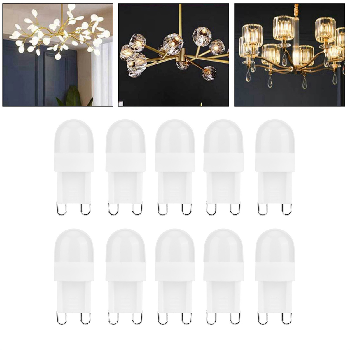 Zehn LED-Leuchten mit verschiedenen Kronleuchterbeispielen oben gezeigt.