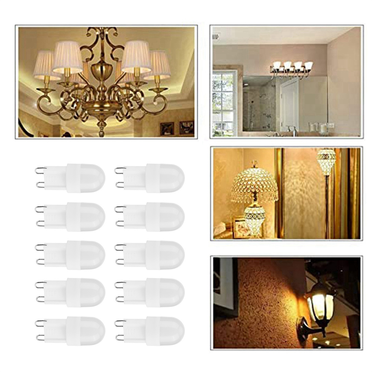 Bilder von Kronleuchtern, Lampen und Glühbirnen. Die Glühbirnen sind weiß mit silbernen Steckern.