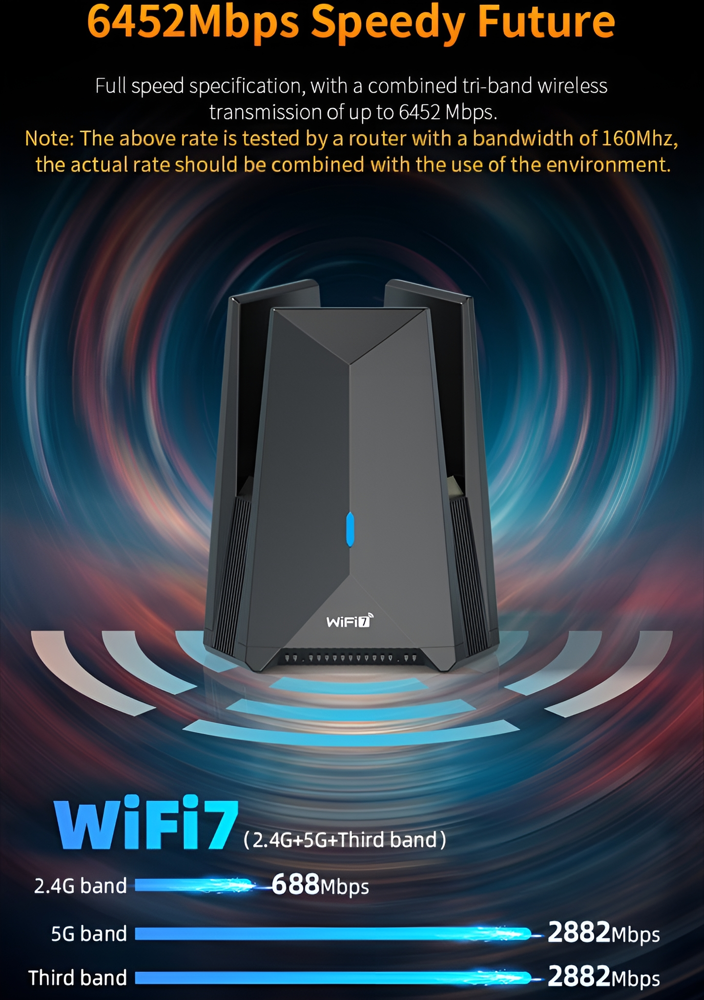 Schwarzer Router mit blauem Licht und Text. Blaue Balken unten. Hellblauer Hintergrund.