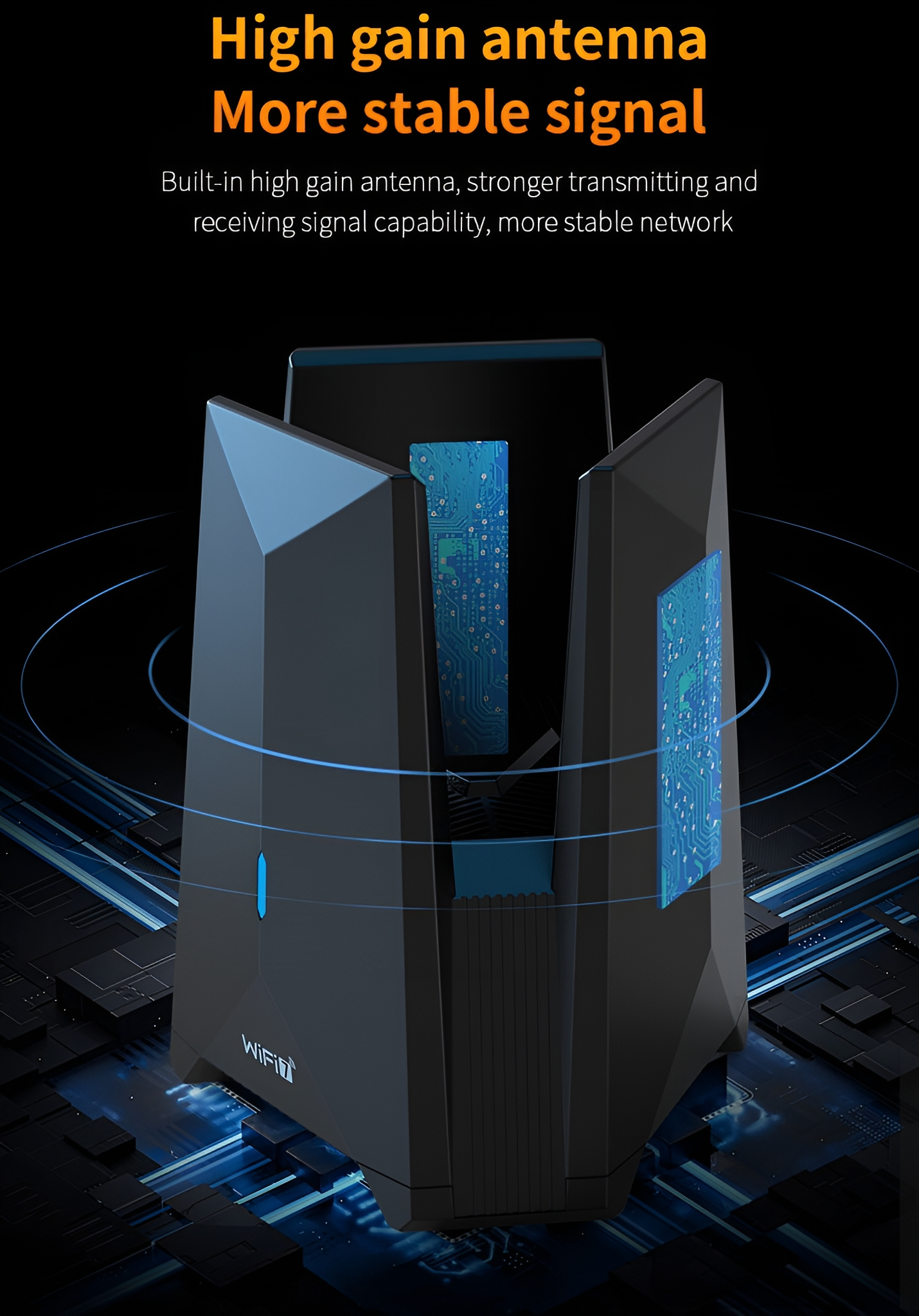 Ein schwarzer Router mit Antennen, der das Produkt und seine Funktionen präsentiert.