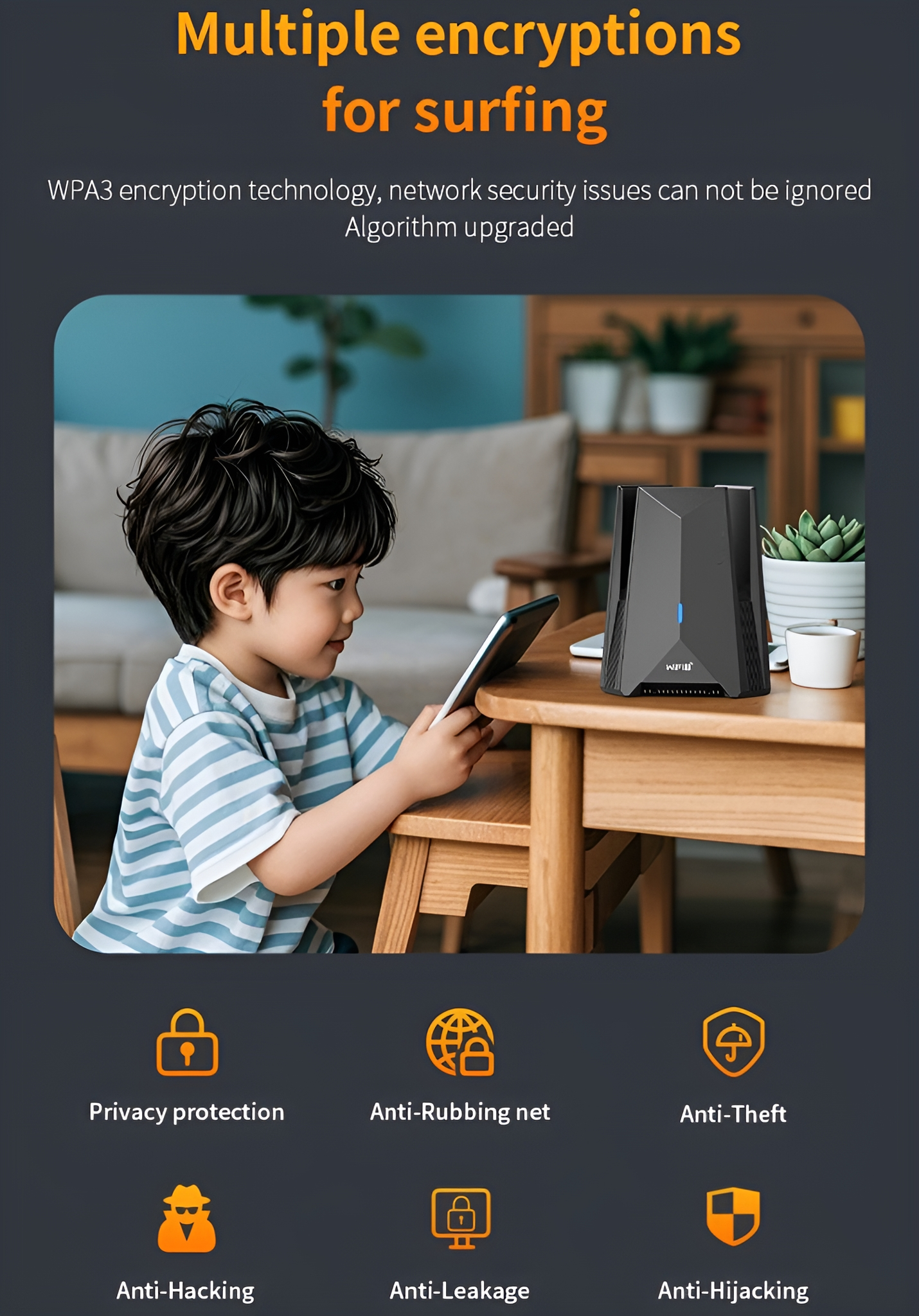 Ein Junge benutzt ein Tablet in der Nähe eines Routers, darunter Sicherheits-Icons.