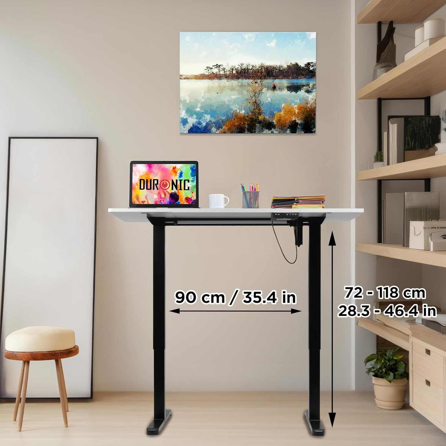 Weißer Stehtisch mit schwarzen Beinen, Maße 90 cm x 72–118 cm.
