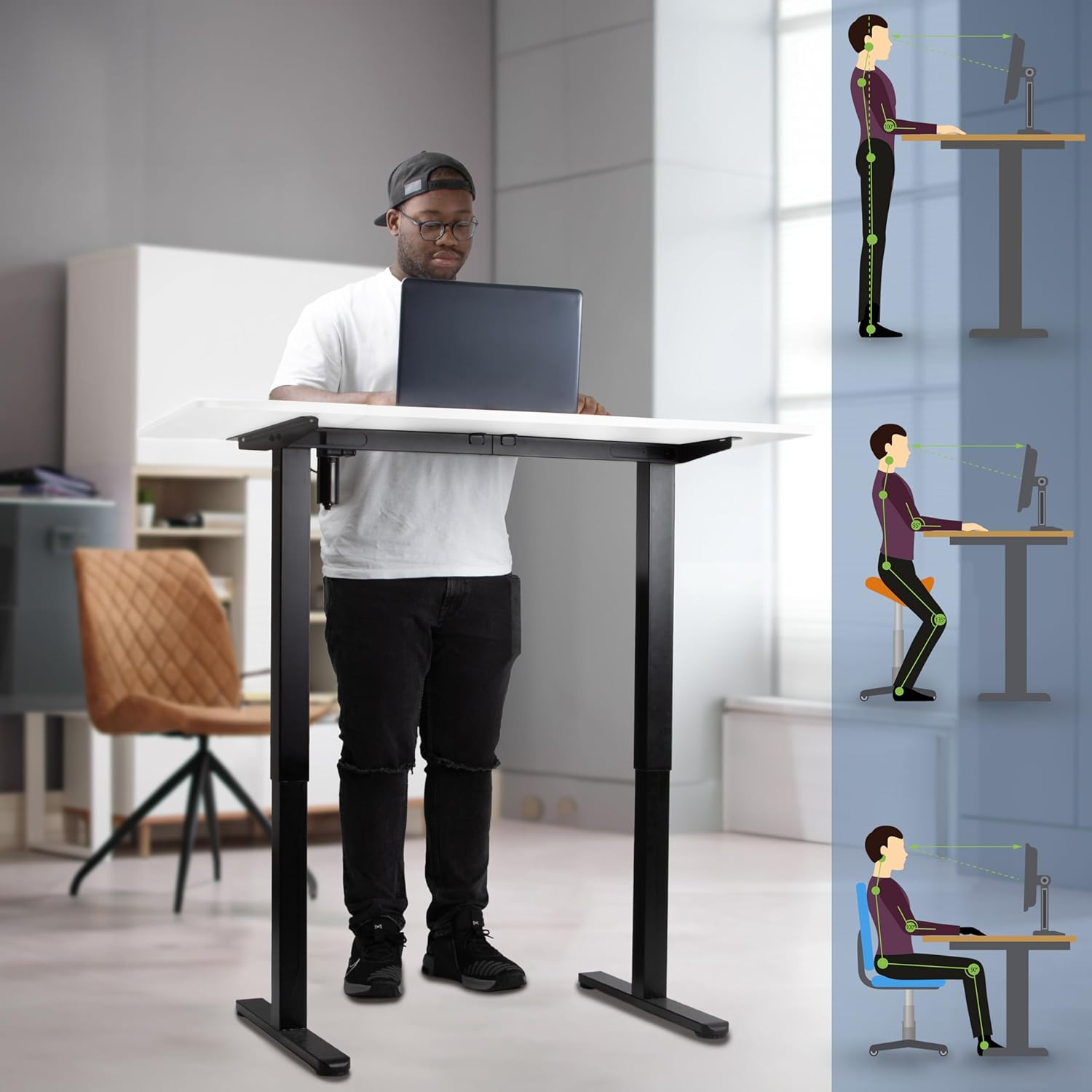 Ein Mann steht an einem Stehpult mit einem Laptop. Diagramme zeigen Haltungsvariationen: Stehen und Sitzen.