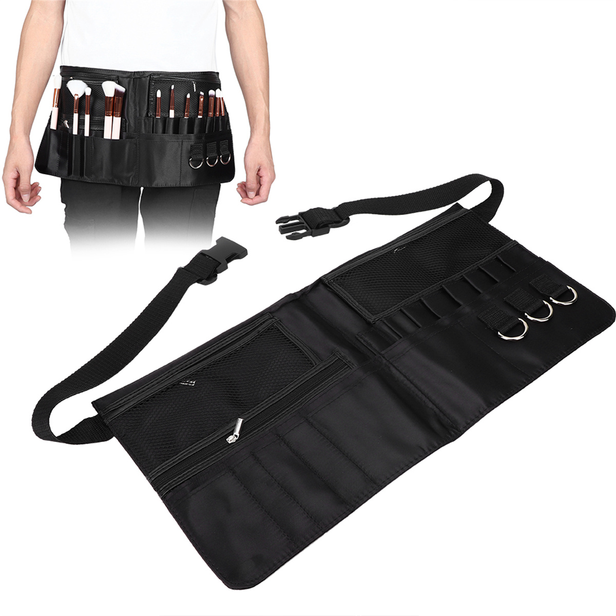 Schwarzer Make-up-Pinselgürtel aus Leder mit mehreren Taschen.