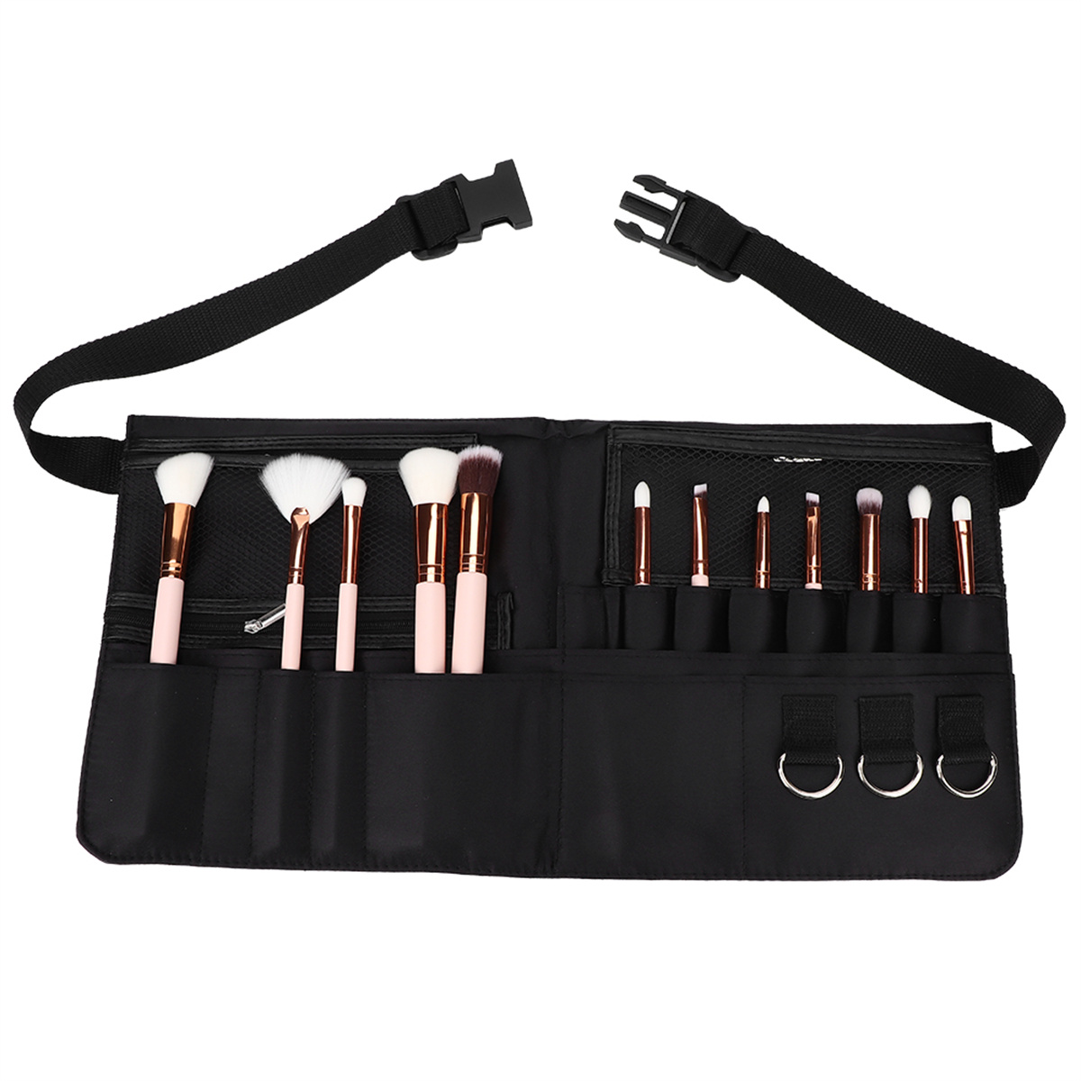 Schwarzer Make-up-Pinselgürtel offen, mit verschiedenen Pinseln. Rosa Griffe, schwarzer Gürtel und Schnallen.