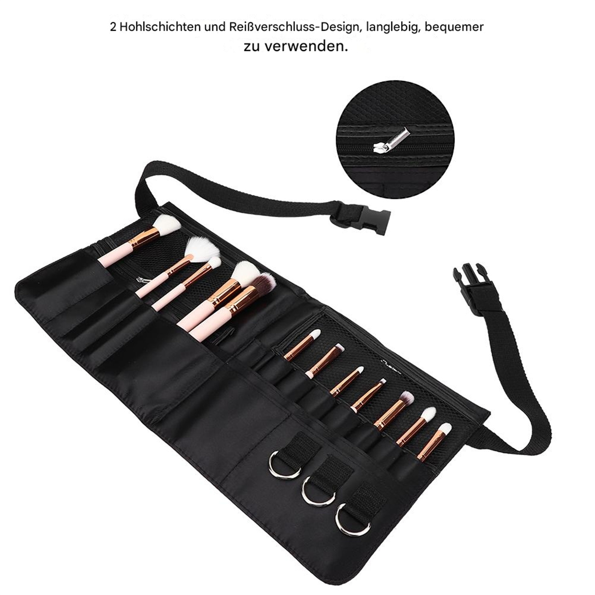 Schwarzer Make-up-Pinselhalter mit Pinseln verschiedener Größen und Formen, schwarzem Riemen und Ringen.