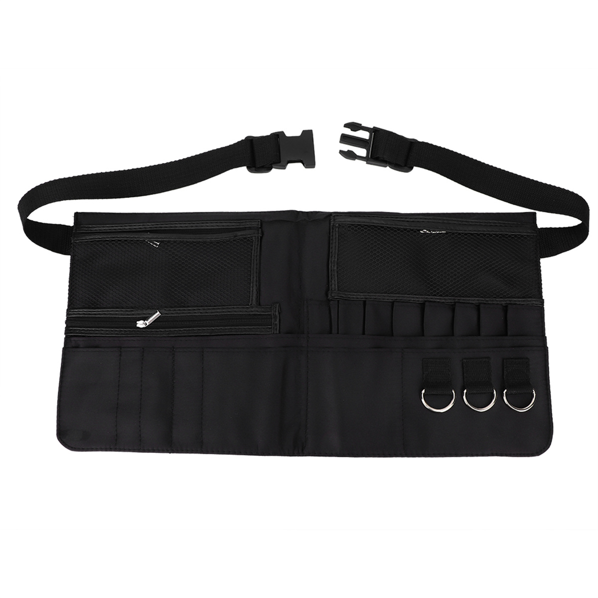 Schwarze Schürze mit Taschen, Schnalle und Metallringen.